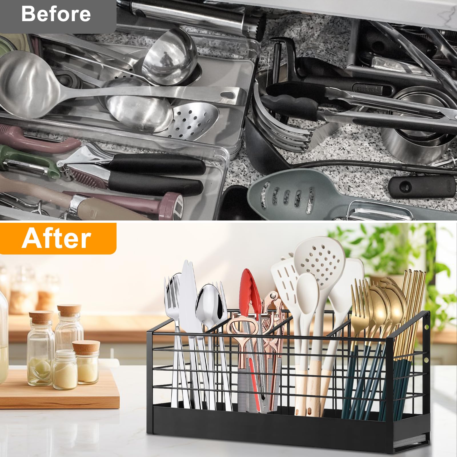 Porte-ustensiles de Cuisine, 4 Compartiments Porte-Couverts avec Base en Diatomite, Organiseur d’ustensiles pour Comptoir ou Mural, Grand Rangement d'outils de Cuisine, Noir