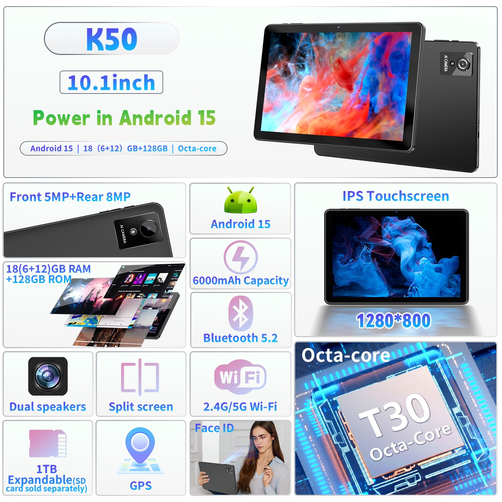 Tablet 10 Zoll, Android 15 Tablets PC mit 18GB RAM + 128G ROM (1TB TF), Widevine L1 Kompatibles Octa-Core-Tablet mit WiFi 5G, 5+8MP Doppelkamera, 6000 mAh, T30 CPU, Face ID