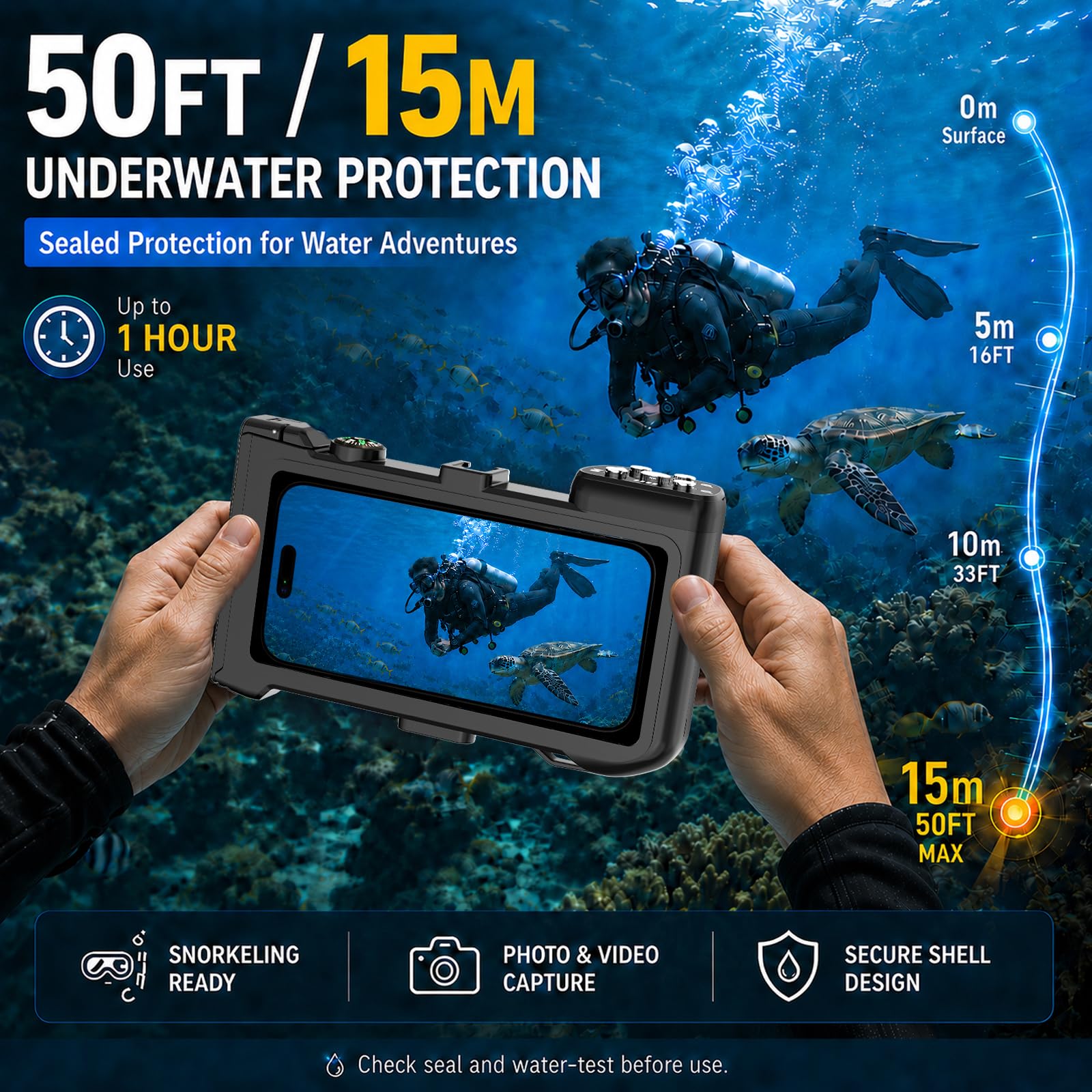 Funda impermeable para esnórquel, carcasa subacuática de 15 m con disparador remoto Bluetooth, funda de buceo para iPhone 17, 16, 15, 14, Samsung Galaxy S26 S25, se adapta hasta 7.3 pulgadas (negro)