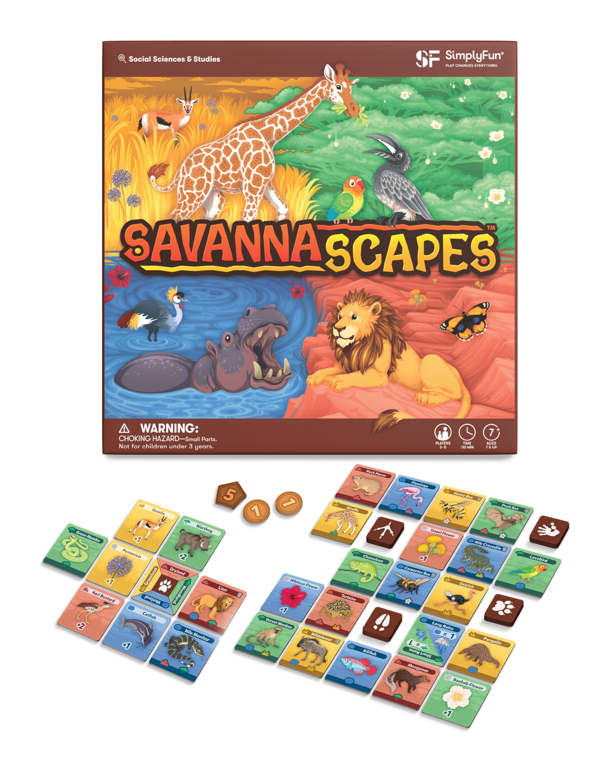 SimplyFun SavannaScapes - Learn About African Wildlife and Their Habitats. A Strategic and Educational Game for Kids Ages 7 & Up - 2 to 5 Players