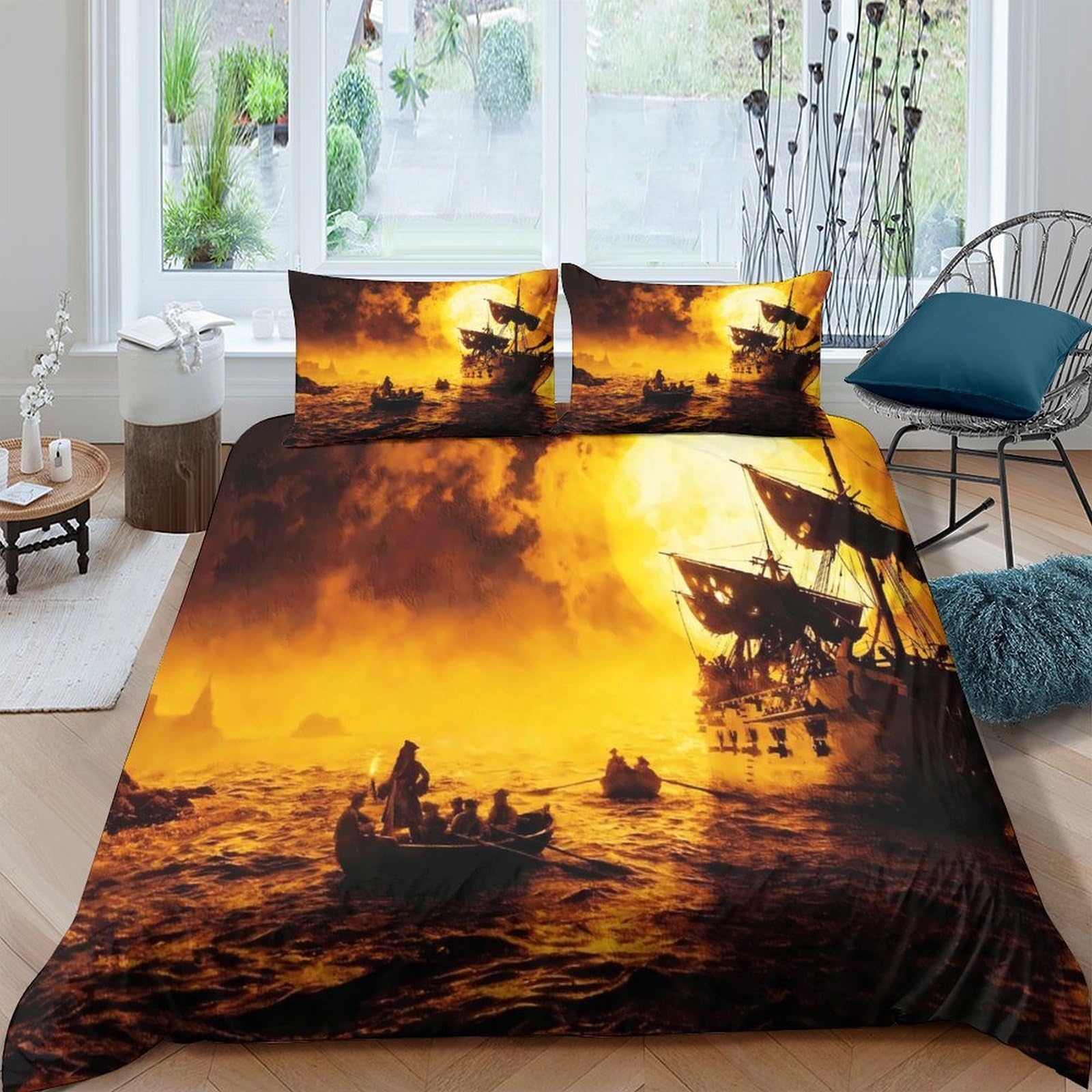 Ctjqhvkz Style-3 3D Printed Pirate Ship Sunset Fitted Sheet Microfiber Soft Washable Ocean Adventure Bed Cover For Bedroom Dorm Mattress Decor Single（135X200cm）