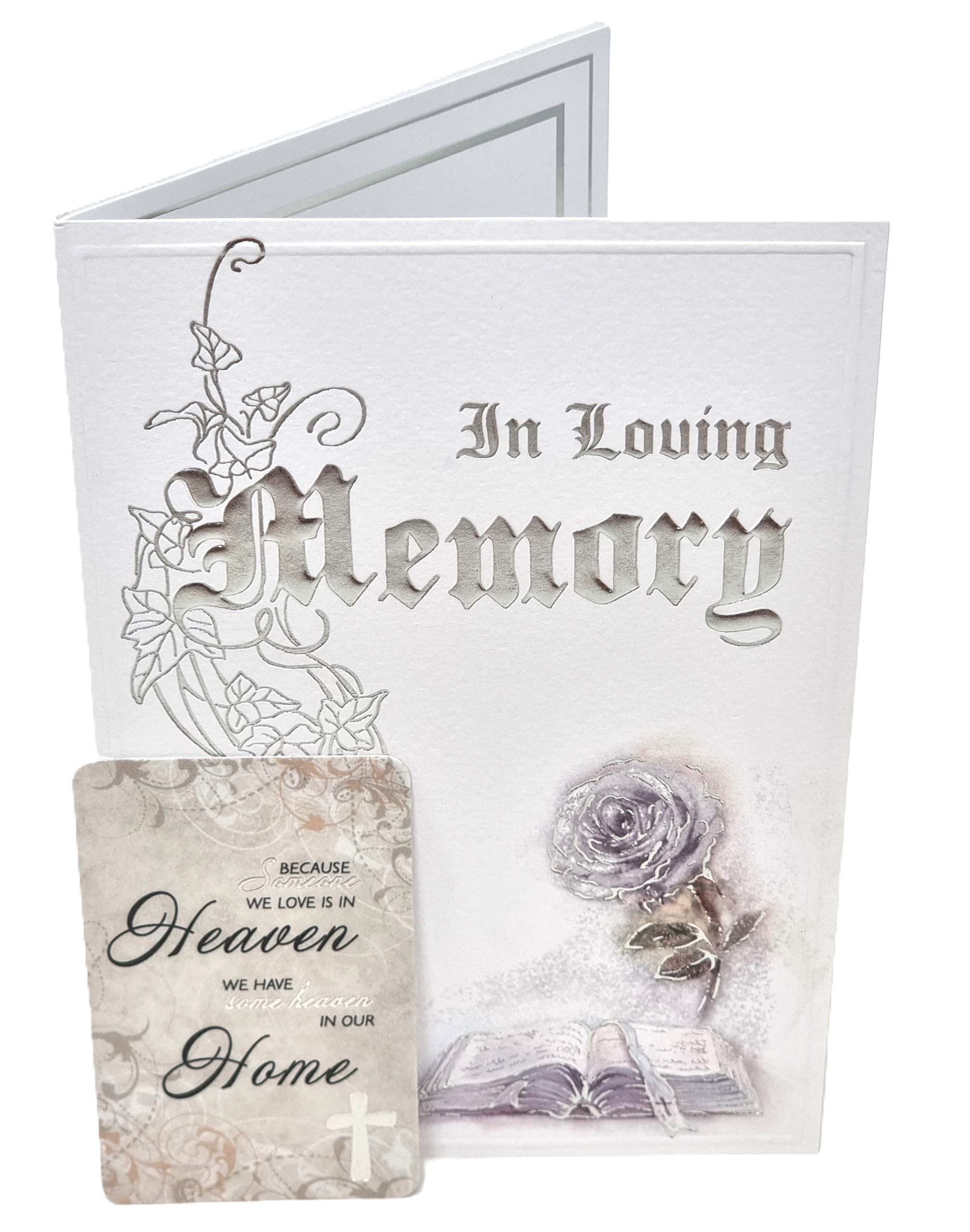 2 X In Loving Memory Deluxe White Sympathy Catholic Mass Card with Silver Foil Details Unisex for Men or Women with 2 Keepsake Memory Wallet Card