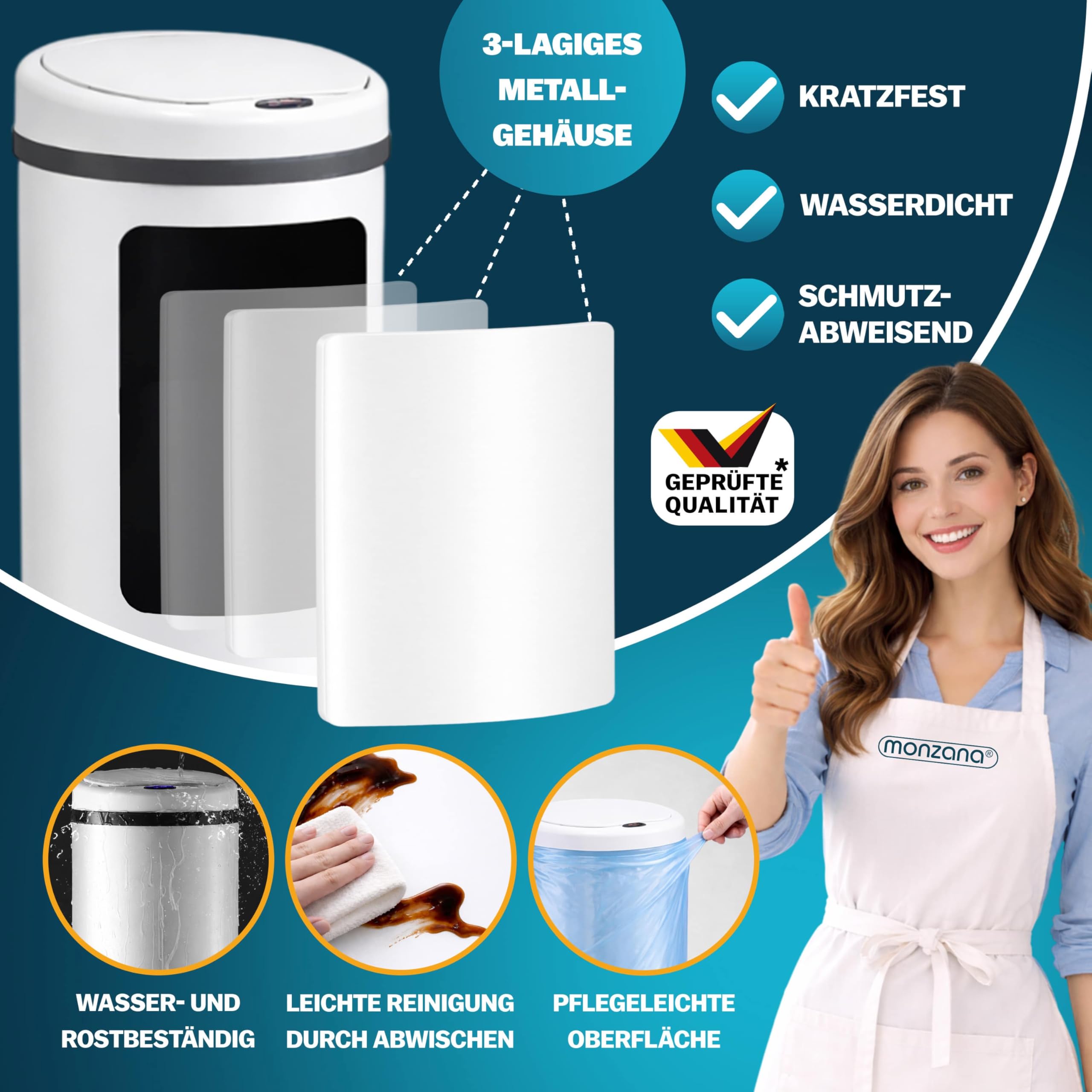 Monzana Sensor Mülleimer Küche Weiß | 30 L, Smarter Abfalleimer, mit Sensor, Berührungslos, Recycling, Edelstahl, inkl. USB-Kabel, Geschütztes Batteriefach