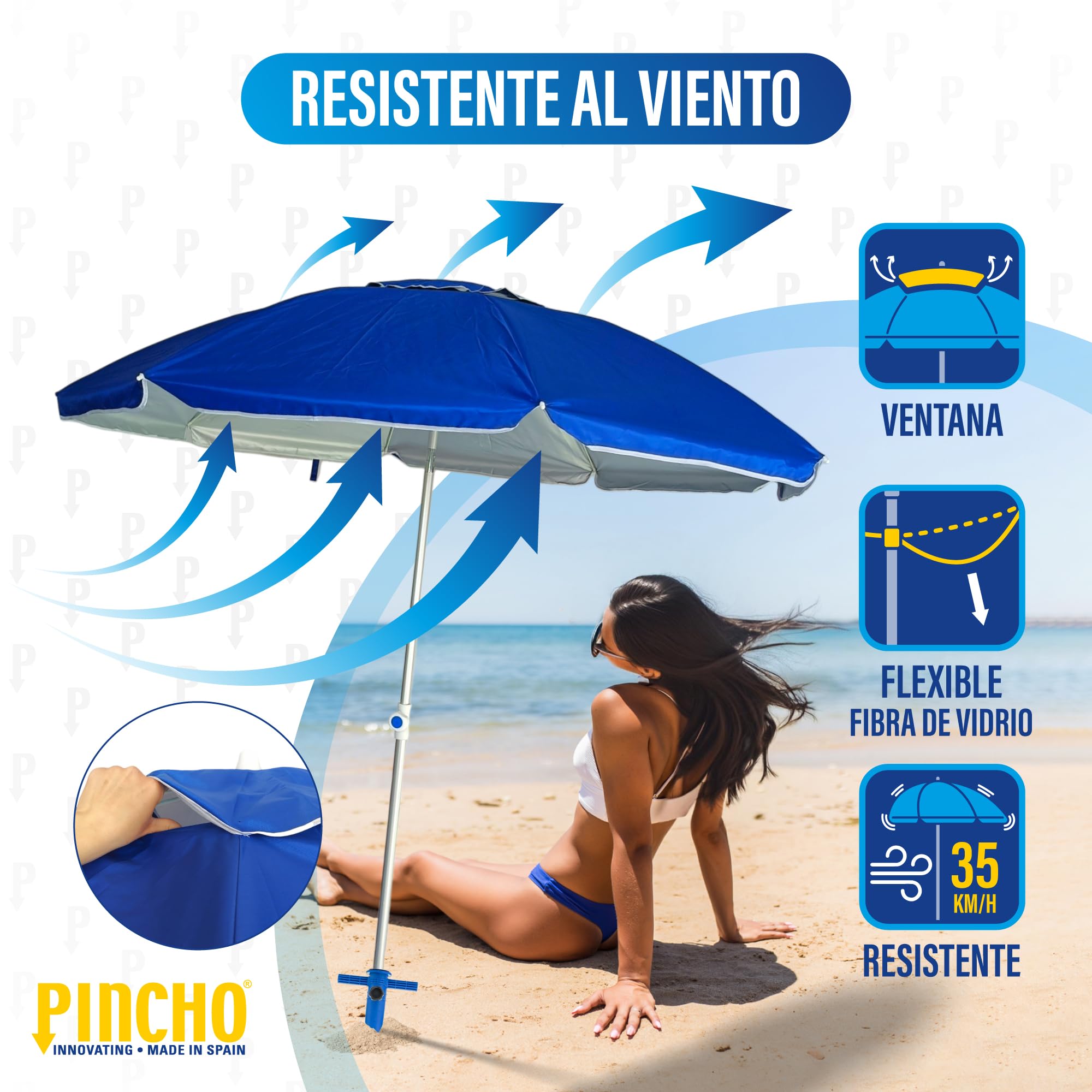 Pincho Sombrilla Playa Grande 200 cm, Antiviento con Protección UV50+, Tubo de Aluminio y 8 Varillas de Fibra de Vidrio, Reclinable con Ventana Superior, Incluye Punta de Aluminio.