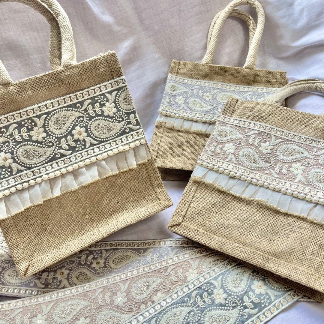 Amazon.co.jp: ジュートバッグインド刺繍リボン×パールフリル 