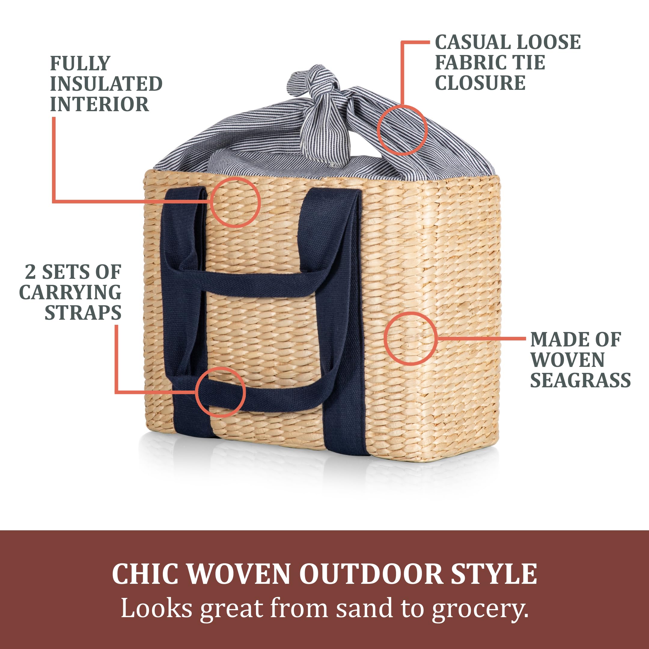 PICNIC TIME - Cesta de Picnic parisina - Cesta de Picnic de Junco Marino, (Beige con Detalles Azul Marino)