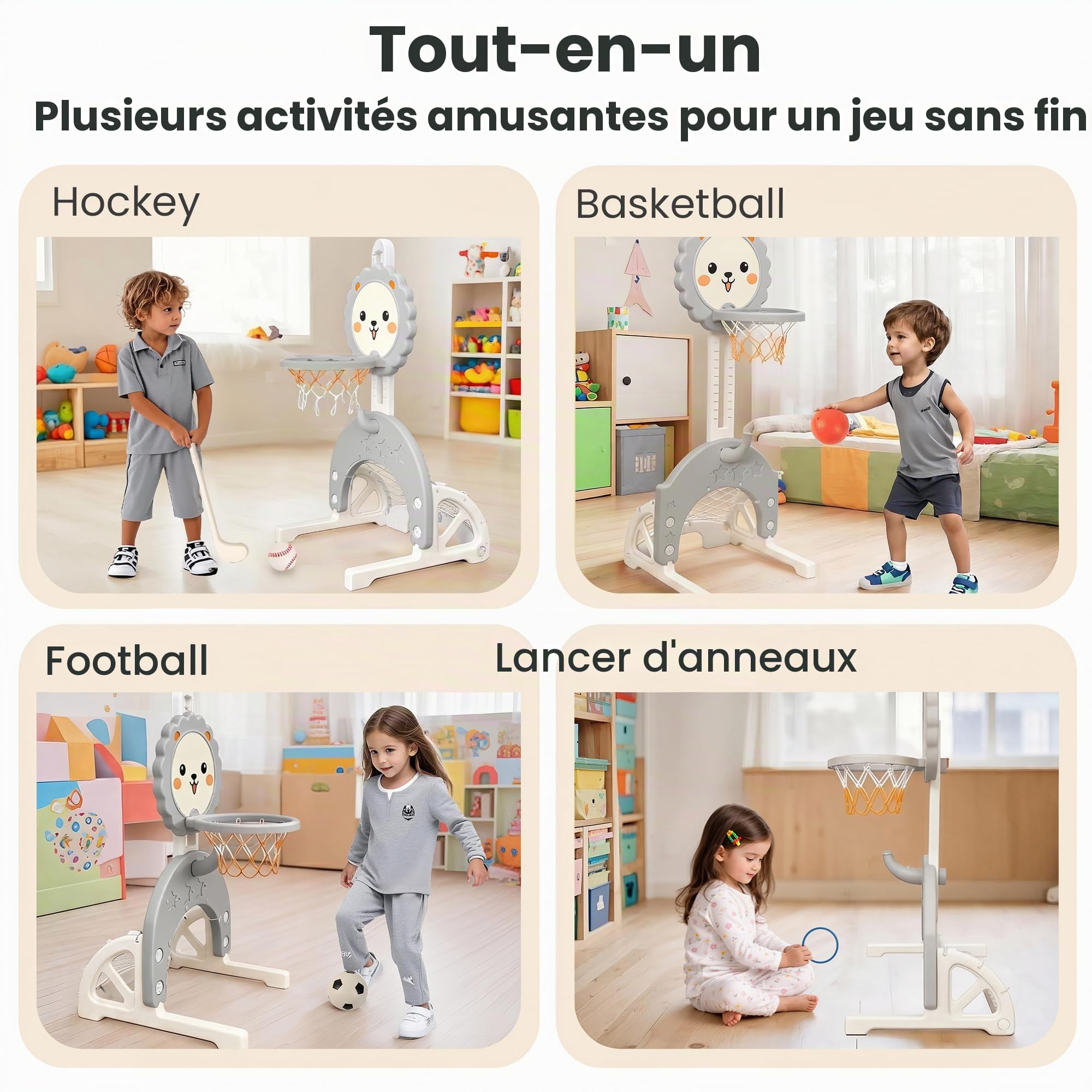 3 en 1 Panier de Basket Enfant - Hauteur Réglable avec But de Football et Lancer d’Anneaux, Mini Panier de Basket, Intérieur et Extérieur, pour Tout-Petits, Gris