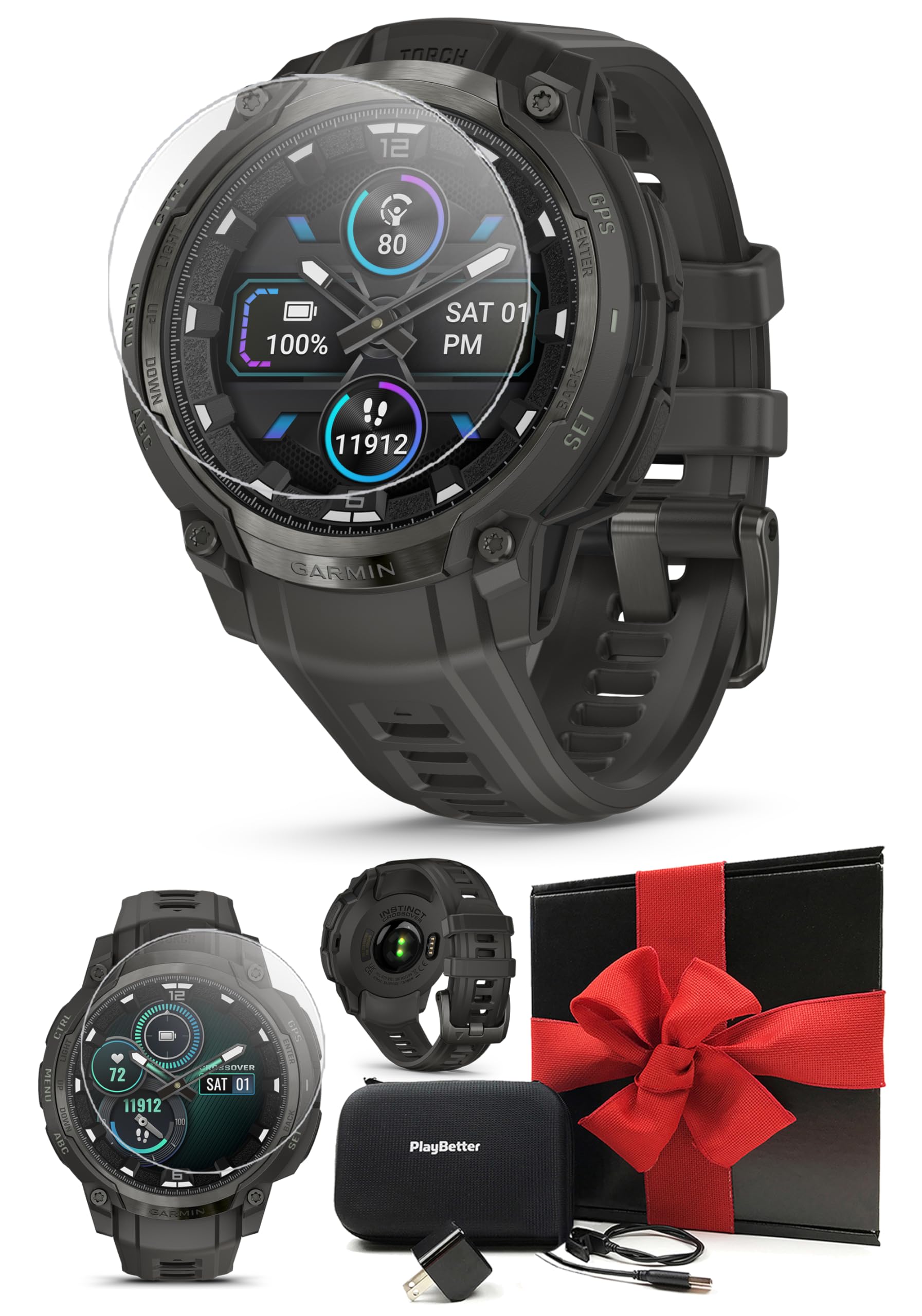 PlayBetter Garmin Instinct Crossover AMOLED (Charcoal) Outdoor GPS Smartwatch Gift Box Bundle - Analog Display, Built-in Flashlight, 14 Days Battery HD Screen Protectors, Wall Adapter &amp; Case