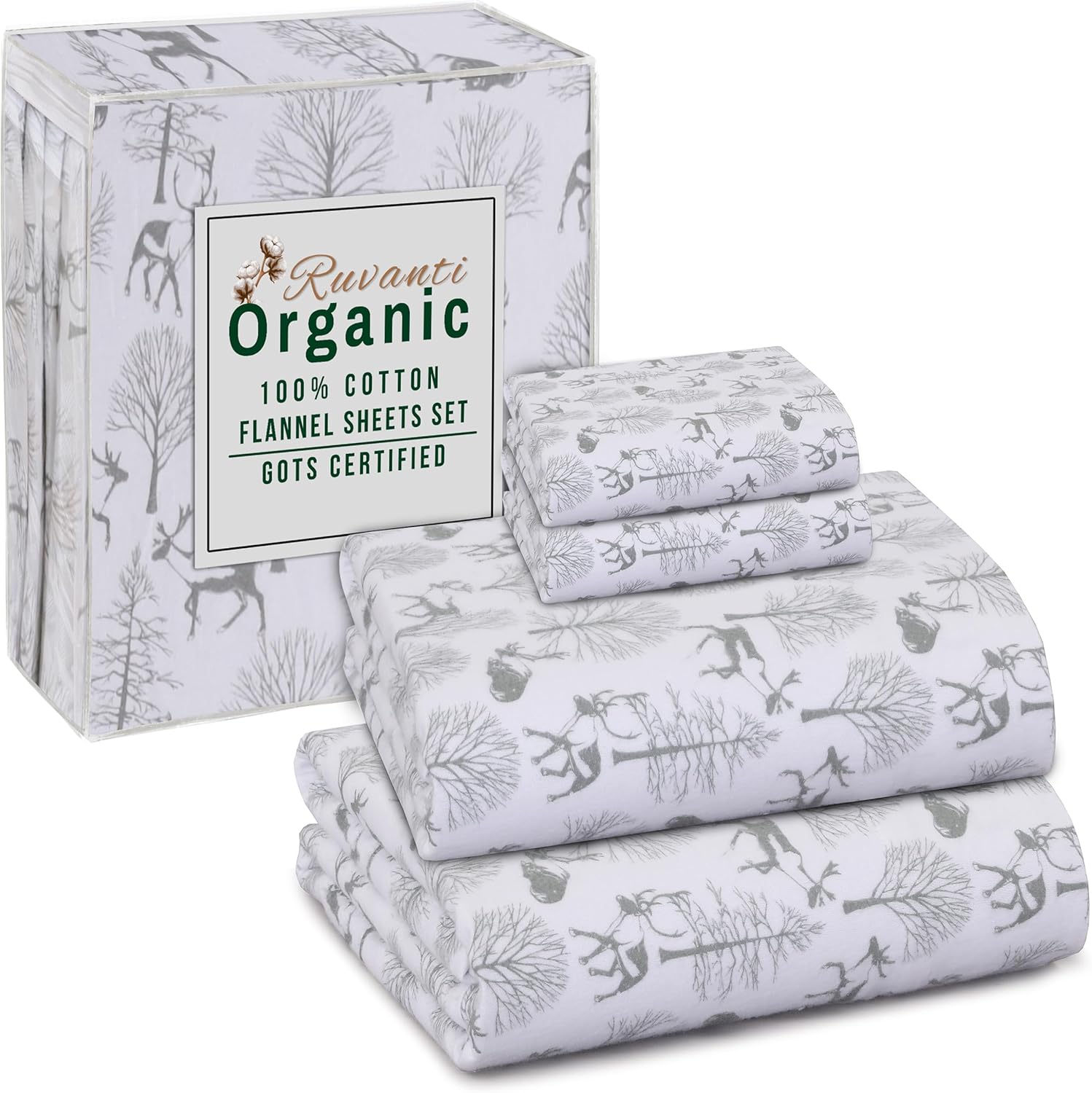 RUVANTI Flannel Sheets Full Size - GOTS Certified 100% Organic Cotton, 4 Piece Warm, Soft & Breathable Set, Deep Pocket Snug Fit, Double Brushed Cozy All Season Bedding, Reindeer Rush Reindeer Rush Full