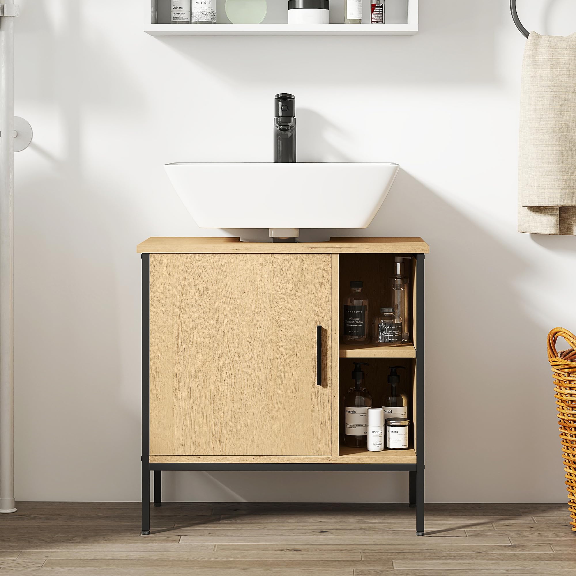 HOMCOM Mueble bajo Lavabo Mueble de Baño con Puerta y Estante Ajustable para Lavabo con Pedestal 60x30x59,5 cm Roble