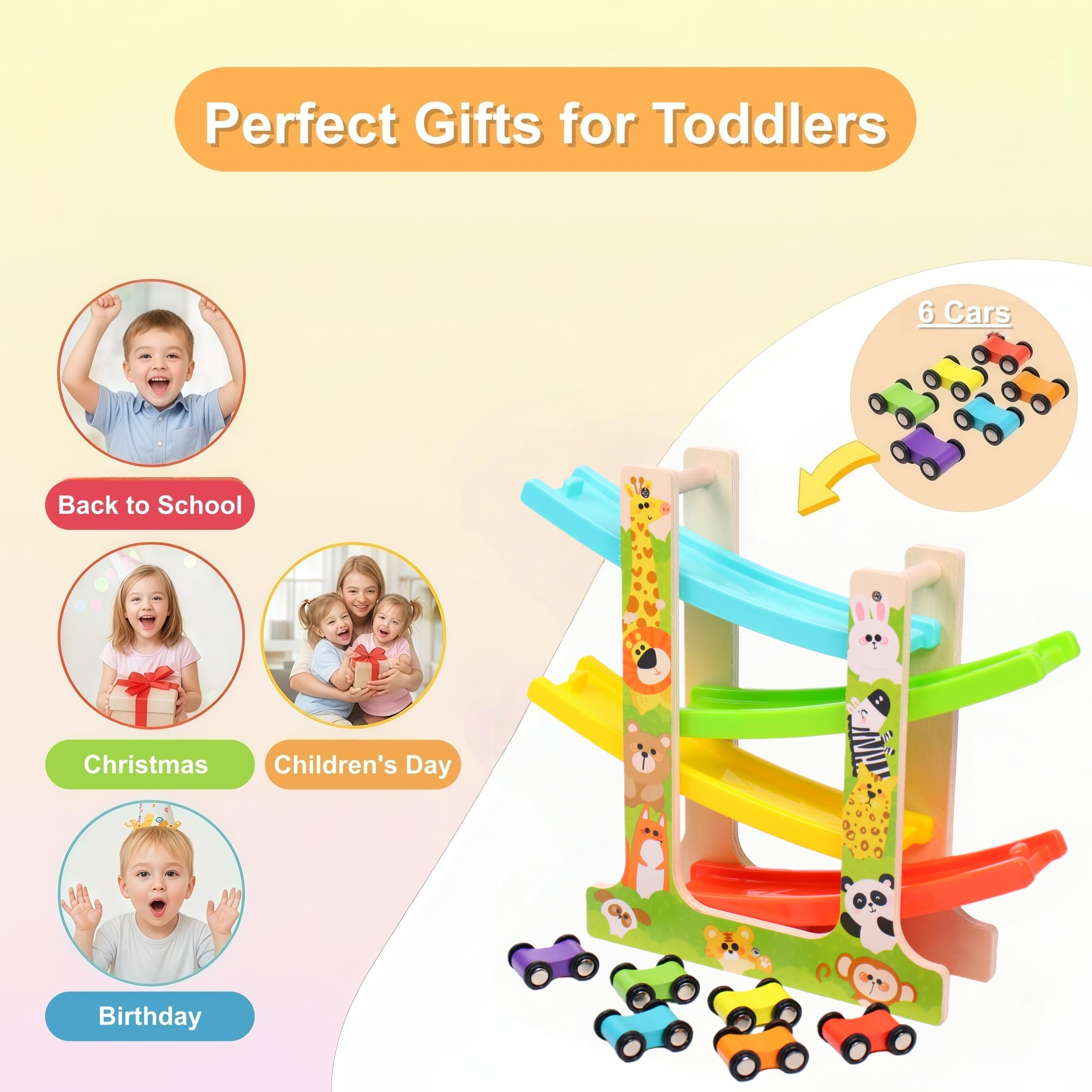 Muslecid Wooden Car Ramp Toys with 6 Cars for 1 2 3 Year Old Boy Girls Gifts - Image 2