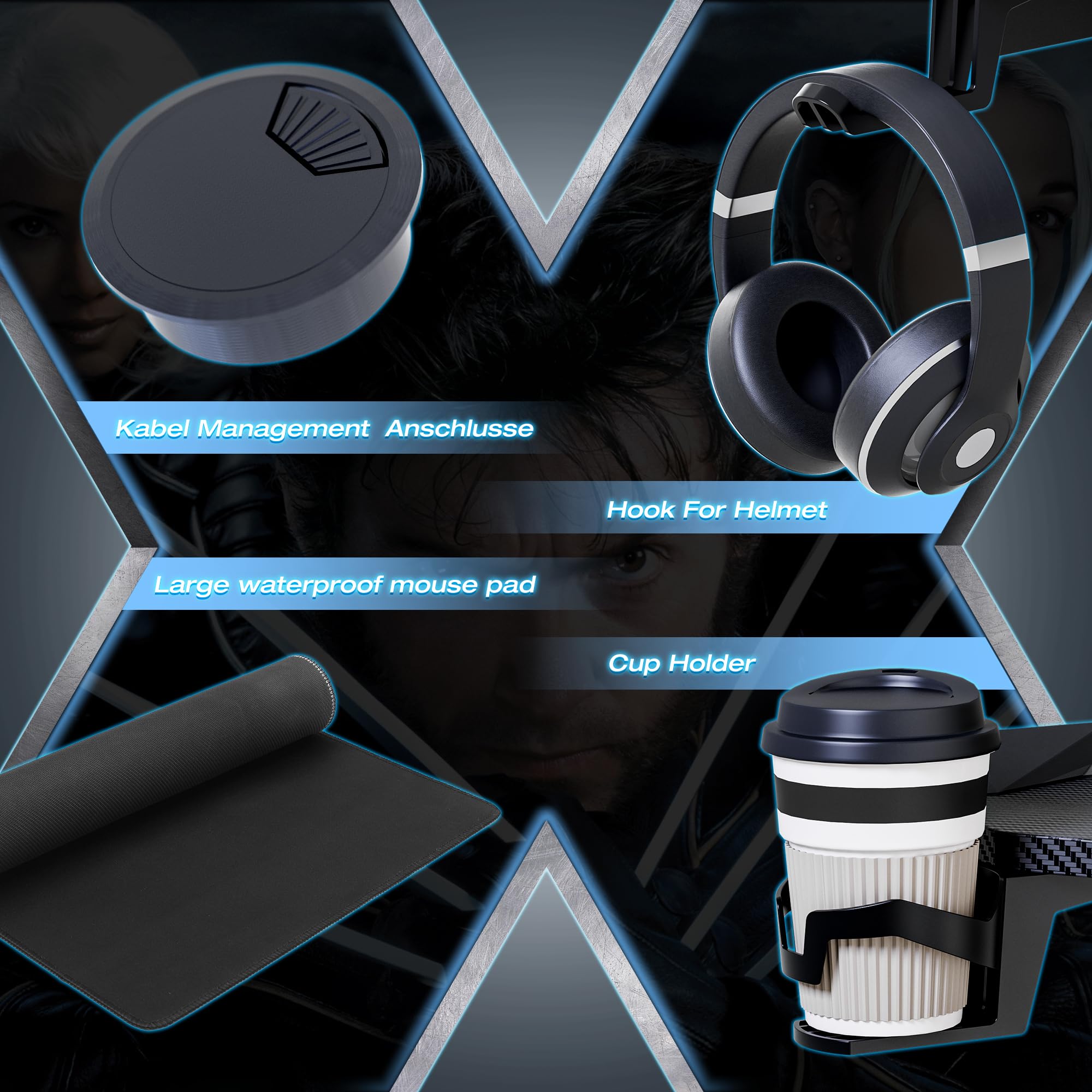 XMTECH 120 x 60 cm Gaming Schreibtisch, LED Gaming Tisch PC Tisch, X Rahmen mit Kohlefaseroberfläche Stabil, Gamer Tisch mit Getränkehalter und Kopfhörerhaken, Schwarz