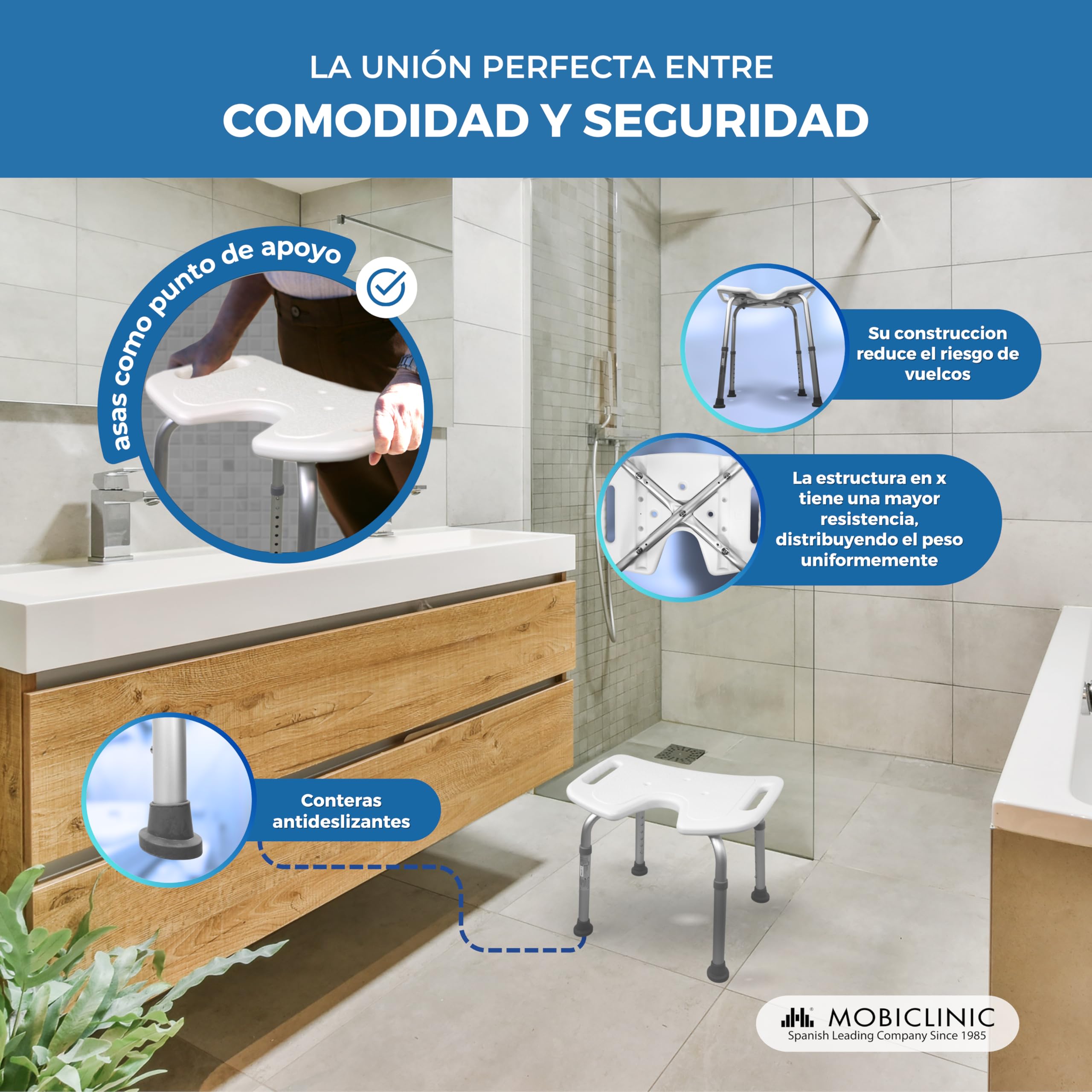 Mobiclinic®, Taburete Baño, Regulable en Altura, Bahía, Asiento en U, Conteras Antideslizantes, hasta 100 Kg, Aluminio, Blanco