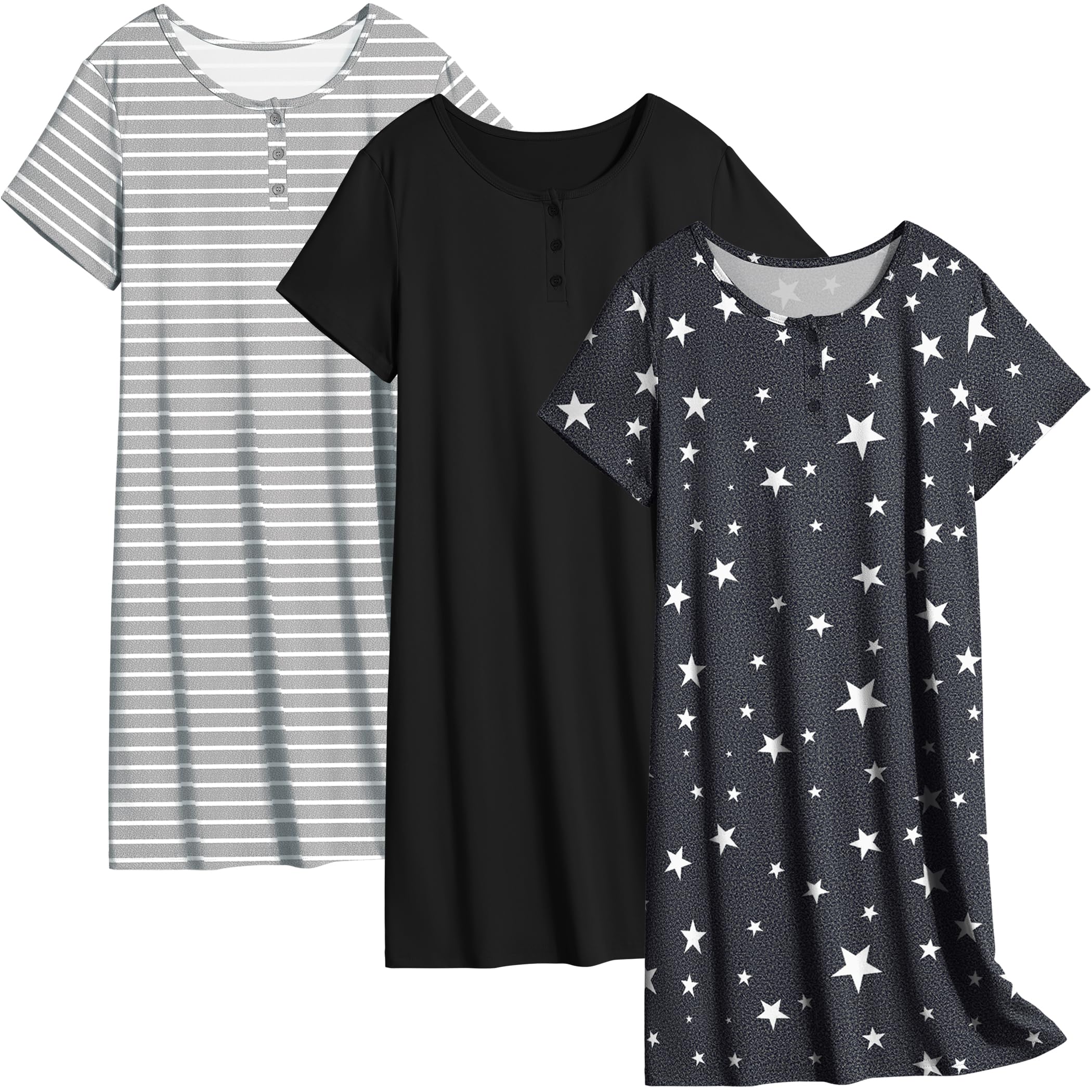 Ekouaer 3 Pack Sleep Shirts for Women Sleepwear Short Sleeve Nightgowns Tee Plain/Print Nightshirt Button Sleep Dress