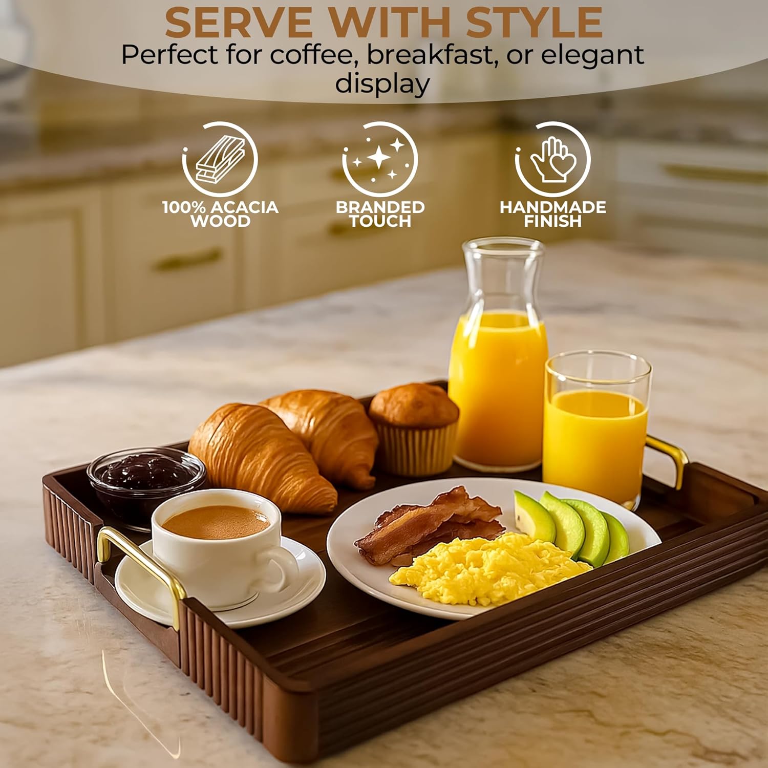 Acacia Wood Serving Tray with Metal Handles, 17x13in, Decorative Coffee Table Tray & Ottoman Tray, Anti-Slip Pads, Dark Wood Tray for Breakfast in Bed, Bar Tray, Gift Box - Image 5