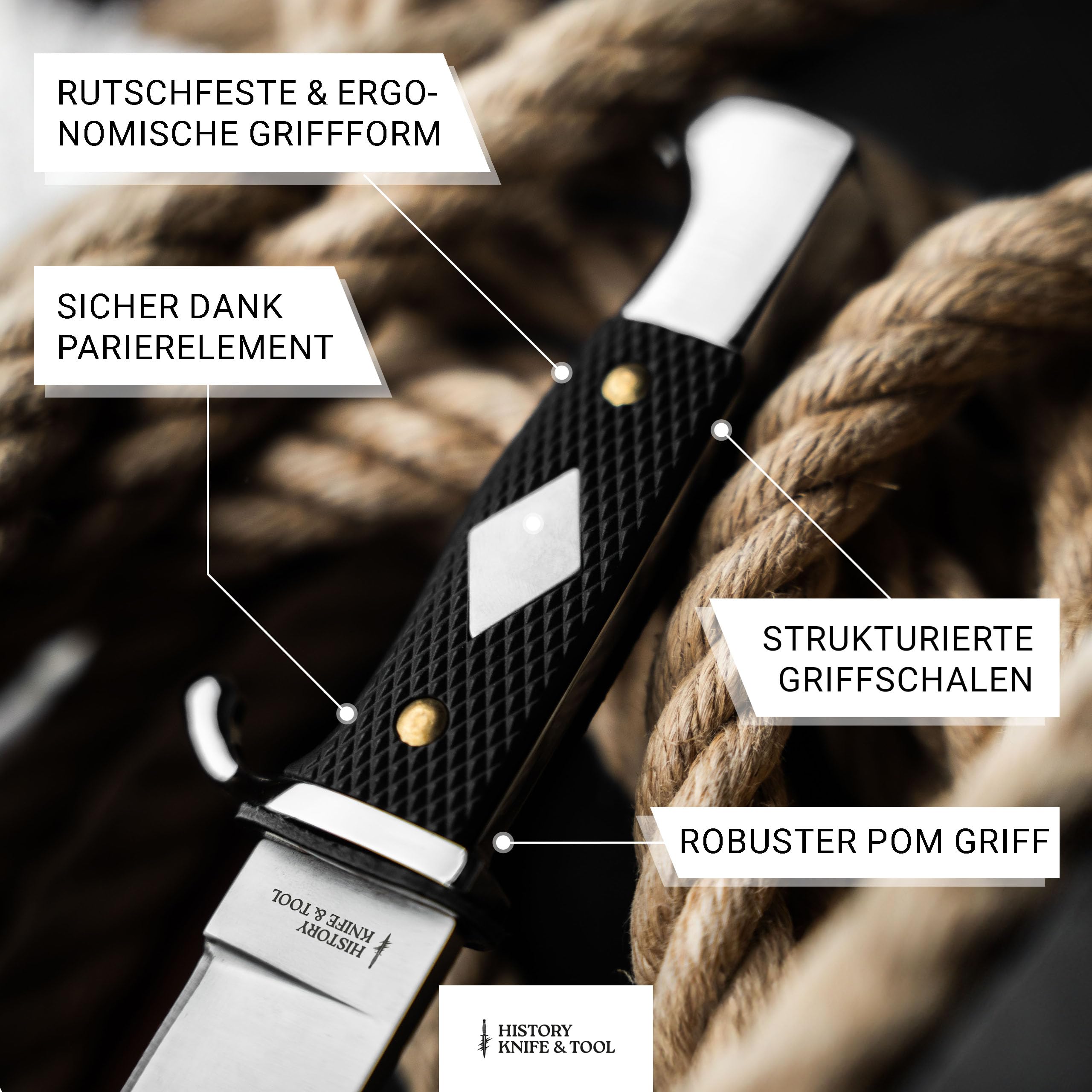 HISTORY KNIFE & TOOL® - German Scout Knife - klassisches Pfadfindermesser mit 14 cm Klinge - Fahrtenmesser traditionell mit schwarzem Griff - historisches Gürtelmesser feststehend mit Metallscheide