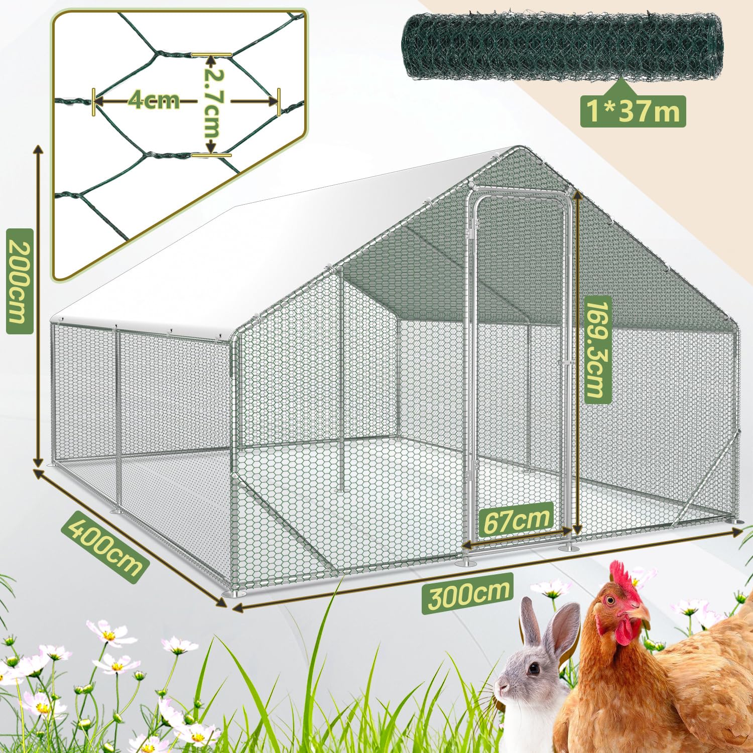 Recinzione a ruota libera 3 x 4 x 2 m – Cabina pollaio in acciaio zincato per piccoli animali domestici con tetto parasole e porta per gabbia per