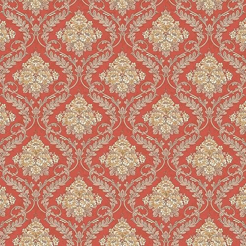 J1232-10M - Papel tapiz de lujo para despegar y pegar damasco, color caqui/rojo, victoriano, vinilo extraíble, autoadhesivo, revestimiento de