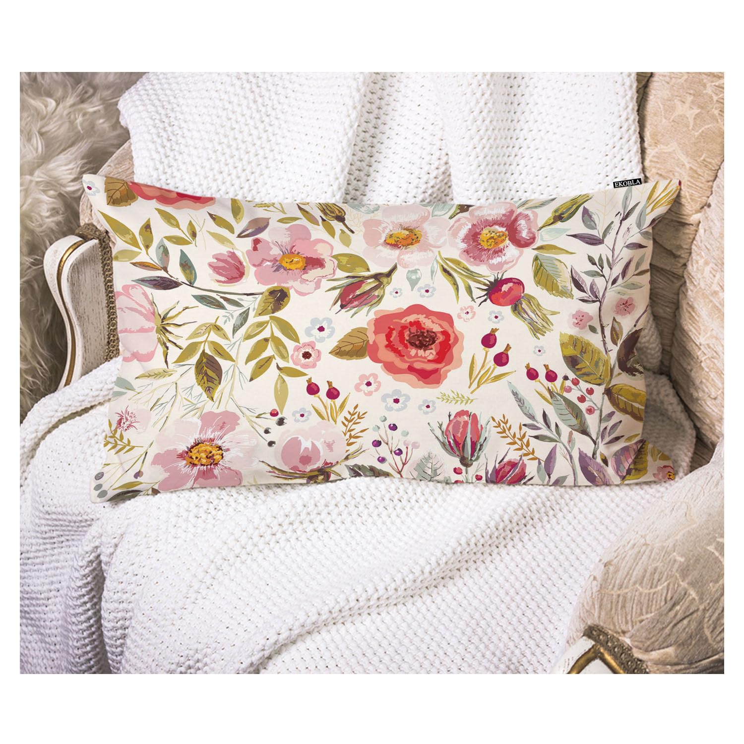 EKOBLA Peony Flower Decorative Throw Pillow Case Vintage Hand Drawn Floral Colorful Leaves Lumber Pillow Cases for Outdoor Square Couch Chair Cushion Cover Cotton Linen 12x20 Inches