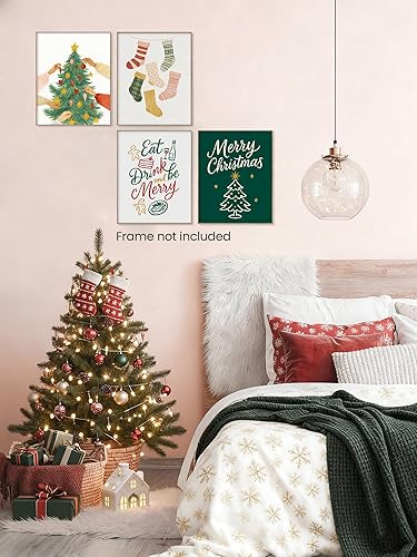 Miniatura 8 de FGFK Juego de 4 impresiones artísticas retro de moda para árbol de Navidad, medias de árbol de Navidad, decoración de Navidad, pósteres de