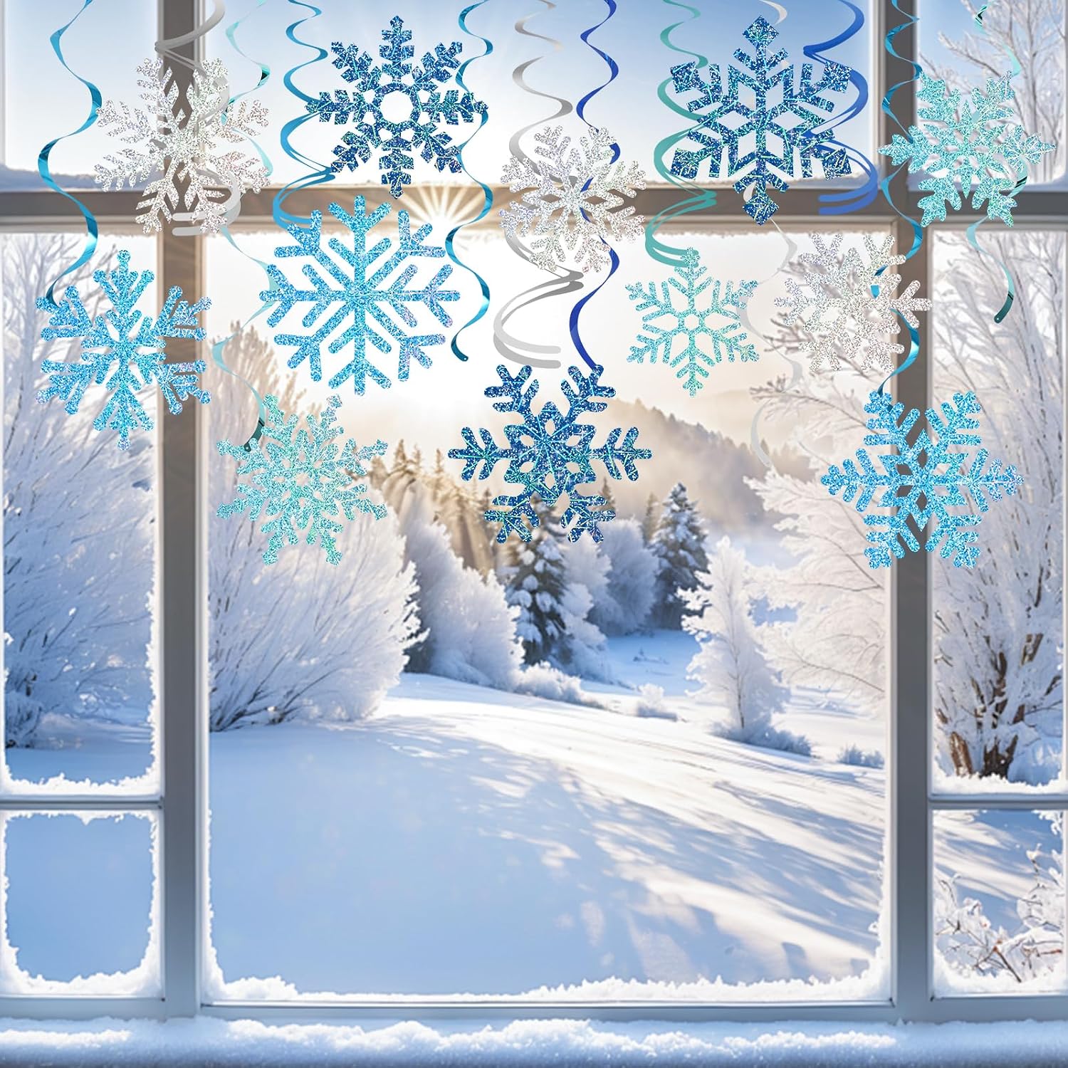 Winter Snowflake Hanging Decorations 30 Pcs Blue and Silver Christmas Ceiling Streamers Hanging Decorations Glittery Snowflakes Swirls for Wonderland Frozen Party and Christmas Decor
