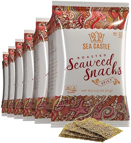 Sea Castle Bocadillo de algas picantes tostadas, 0.35 onzas (paquete de 6) sin gluten, hecho con algas marinas orgánicas, apto para dieta