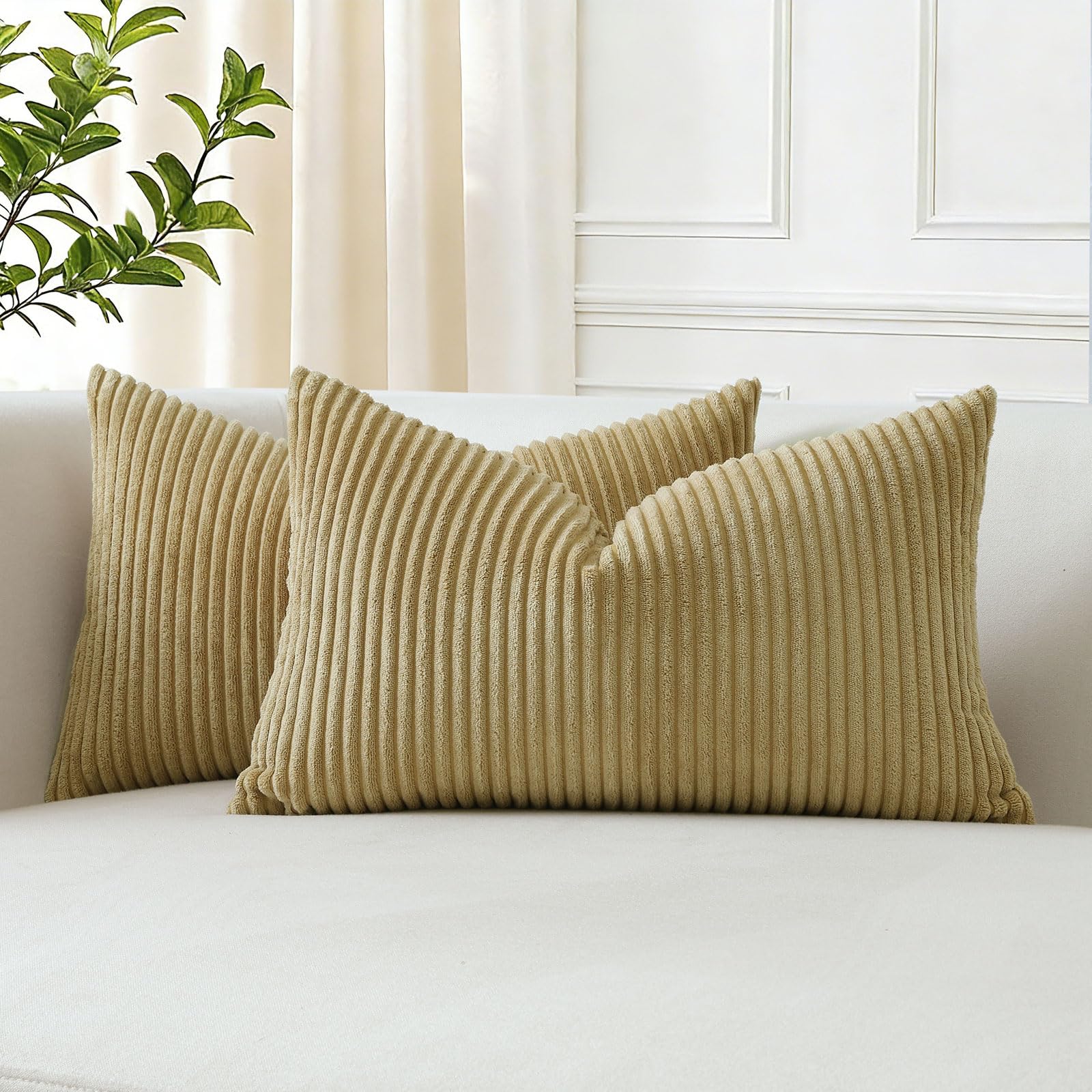 JOTOM Set of 2 Corduroy Cushion Covers 30x50 cm Soft Striped Boho Decorative Throw Pillow Covers Cushion Case Couch Pillowcases for Sofa Bedroom Home Decor 12x20 Inch (Khaki)