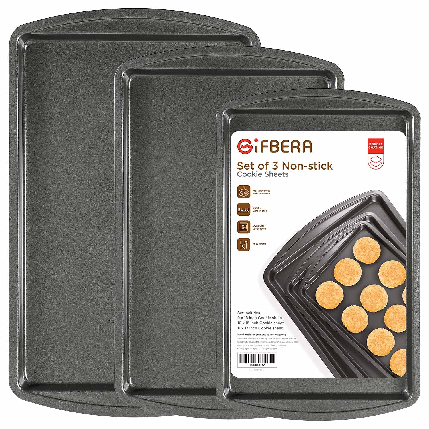 GIFBERA 3-Piece Cookie Sheet Pan Nonstick Set for Baking Oven with Double Coating and Warp Resistant, Gray