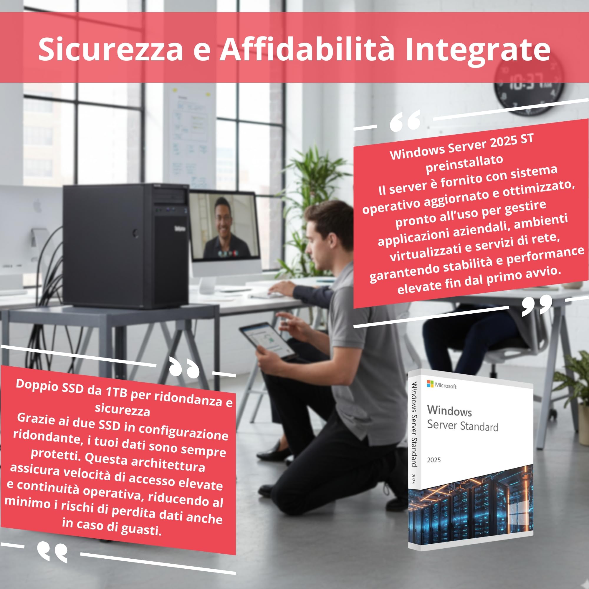 Lenovo Server ThinkSystem ST50 - CPU Intel Xeon E-2224G, 32 GB di RAM ECC, 2 SSD da 1 TB, Win Server 2025 Standard (ricondizionato)
