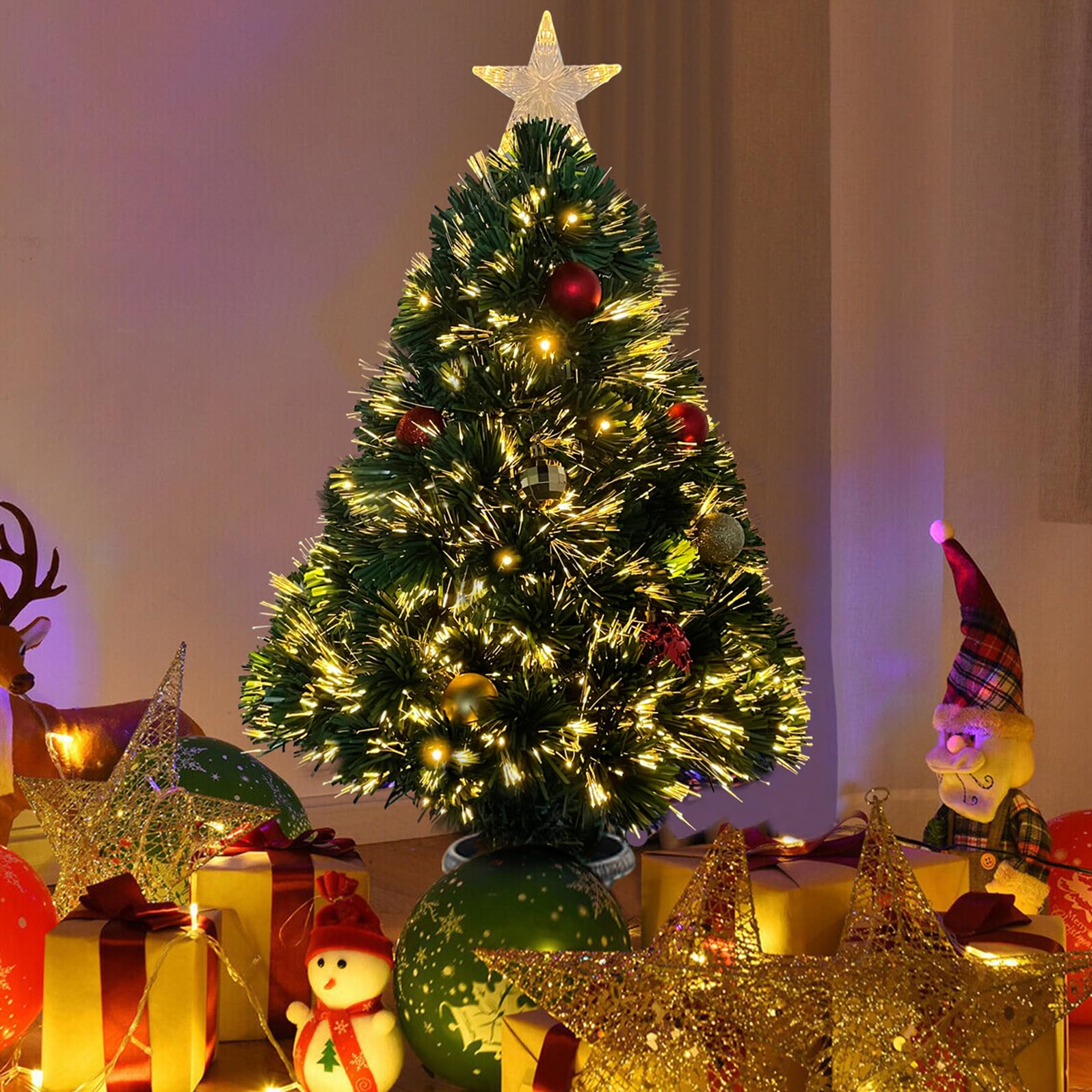 Joeoy 3Ft Pre-lit Optic Fiber Christmas Tree Artificial Lighted Entrance Xmas Tree with Tree Topper Star and Hanging Ornaments Christmas Decorations for Yard Front Door Entryway