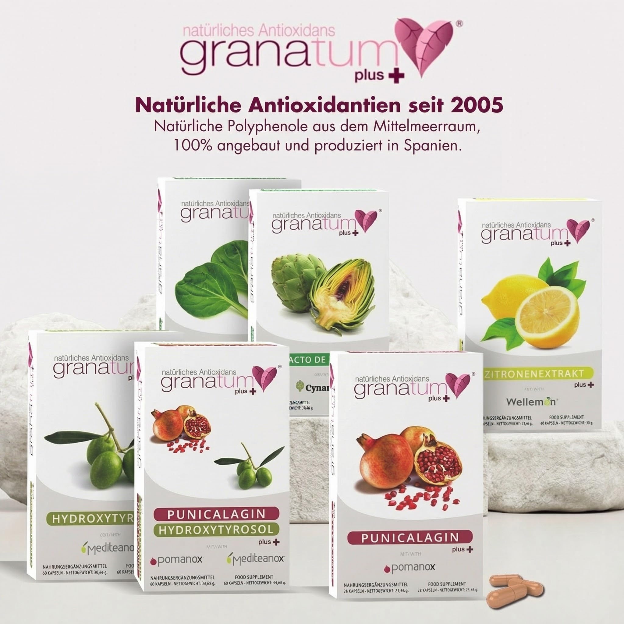 Granatum Plus - Punicalagin Plus - Nahrungsergänzungsmittel - Gewonnen aus Granatäpfeln - Antioxidatives Supplement - Verdauung und Stoffwechsel - Hautpflege - Hergestellt Spanien - 3 Box 28 Tabletten