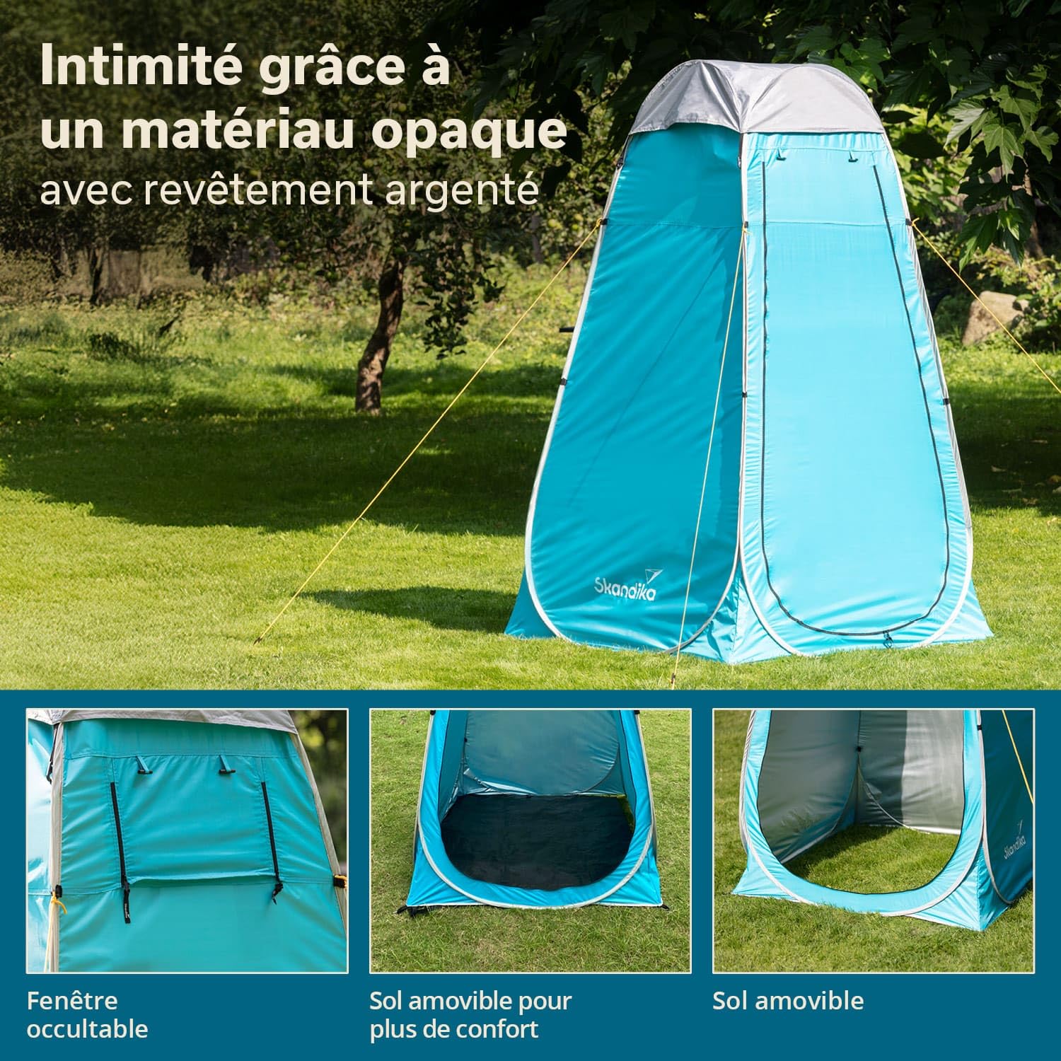 Skandika Tente de douche pop-up de camping - 210 cm - Revêtement argenté - Opaque - Sol séparé - Fenêtre recouvrable - Moustiquaire - Fixation pour douche