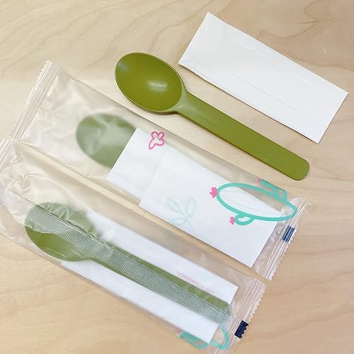 Cuchara de sopa desechable para pastel de postre envuelta individualmente (6 pulgadas) con servilleta (8 x 9 pulgadas) (azul, 25)