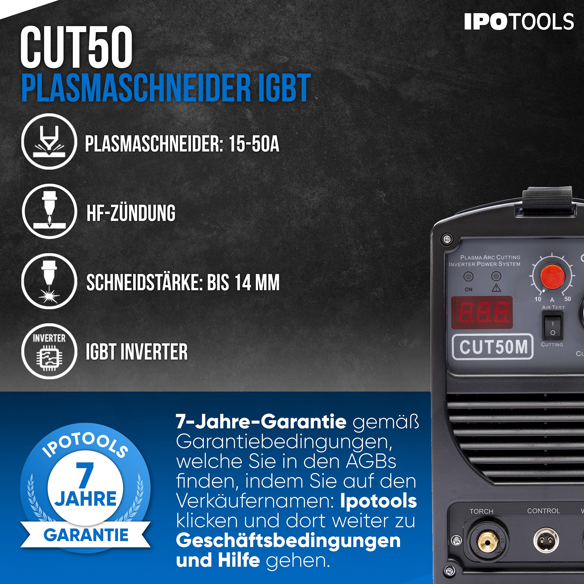 IPOTOOLS Coupe-plasma CUT-50M - 50 A jusqu'à 14 mm - Capacité de coupe 60% ED - Poste à souder inverter - Avec allumage HF - Bleu - 230 V