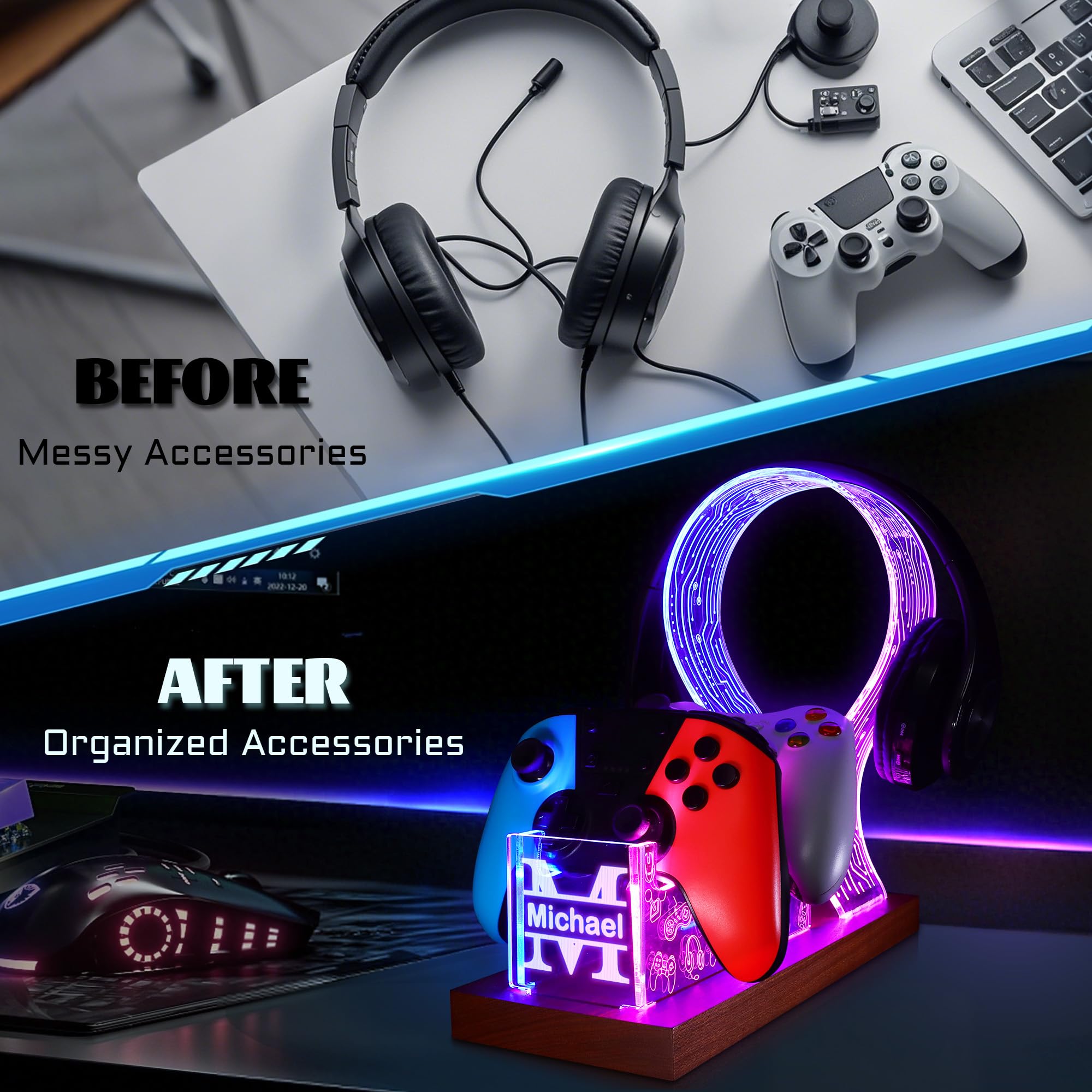 YuanDian Regalos para jugadores adolescentes, auriculares de escritorio y soporte de controlador con luz nocturna LED azul y rosa, soporte de controlador de madera acrílica con patrón de PCB, regalo