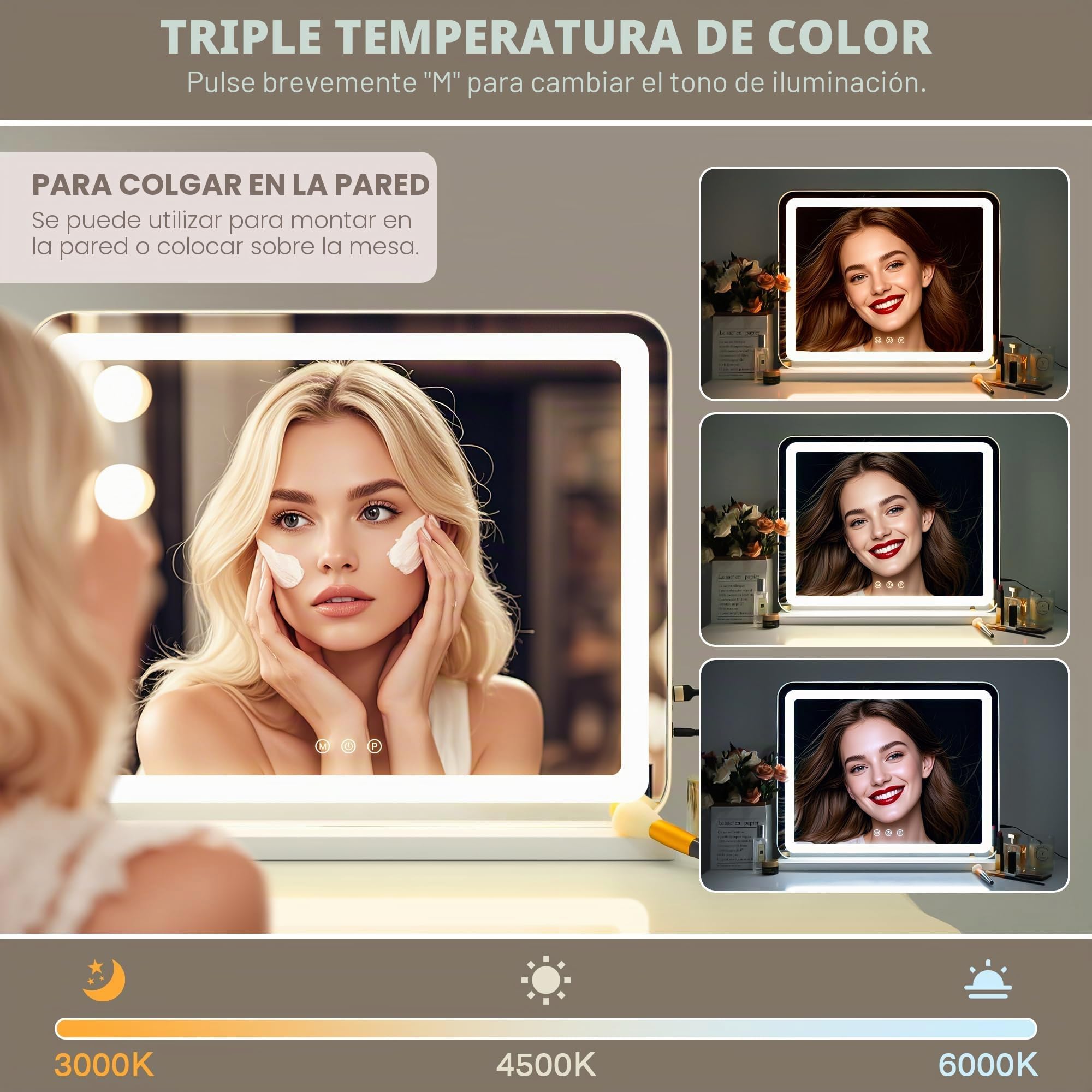 LuxeVue Espejo de tocador grande con luces, espejo de maquillaje de 23 x 19 pulgadas, espejo Hollywood con 3 modos de color, sensor táctil, espejo de zoom 15x de 3.5 pulgadas, diseño de carga USB