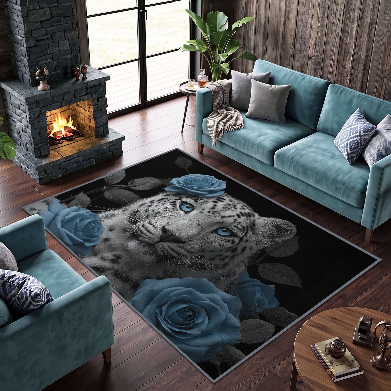 Tapis de Salon Lavable 160 x 230 cm Léopard Blanc Rose Bleue, Tapis Antidérapant à Poils Ras Photographie Animale pour Cuisine Bureau Salle à Manger - Moquette Décoration Intérieure Chambre d'enfant