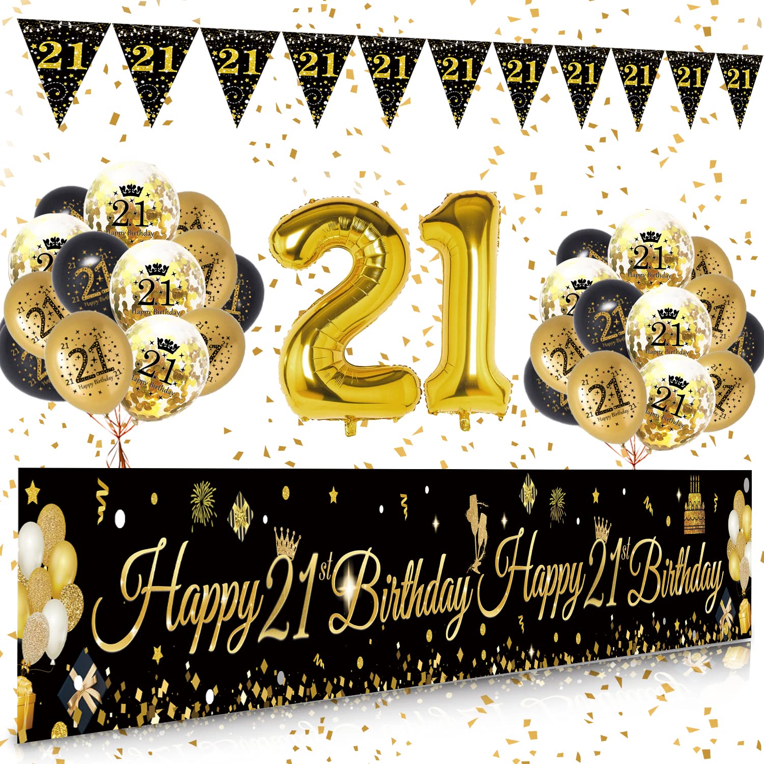 Buy 21st Birthday Decorations, Black Gold Birthday Decoration for Men Women, Happy 21st Birthday