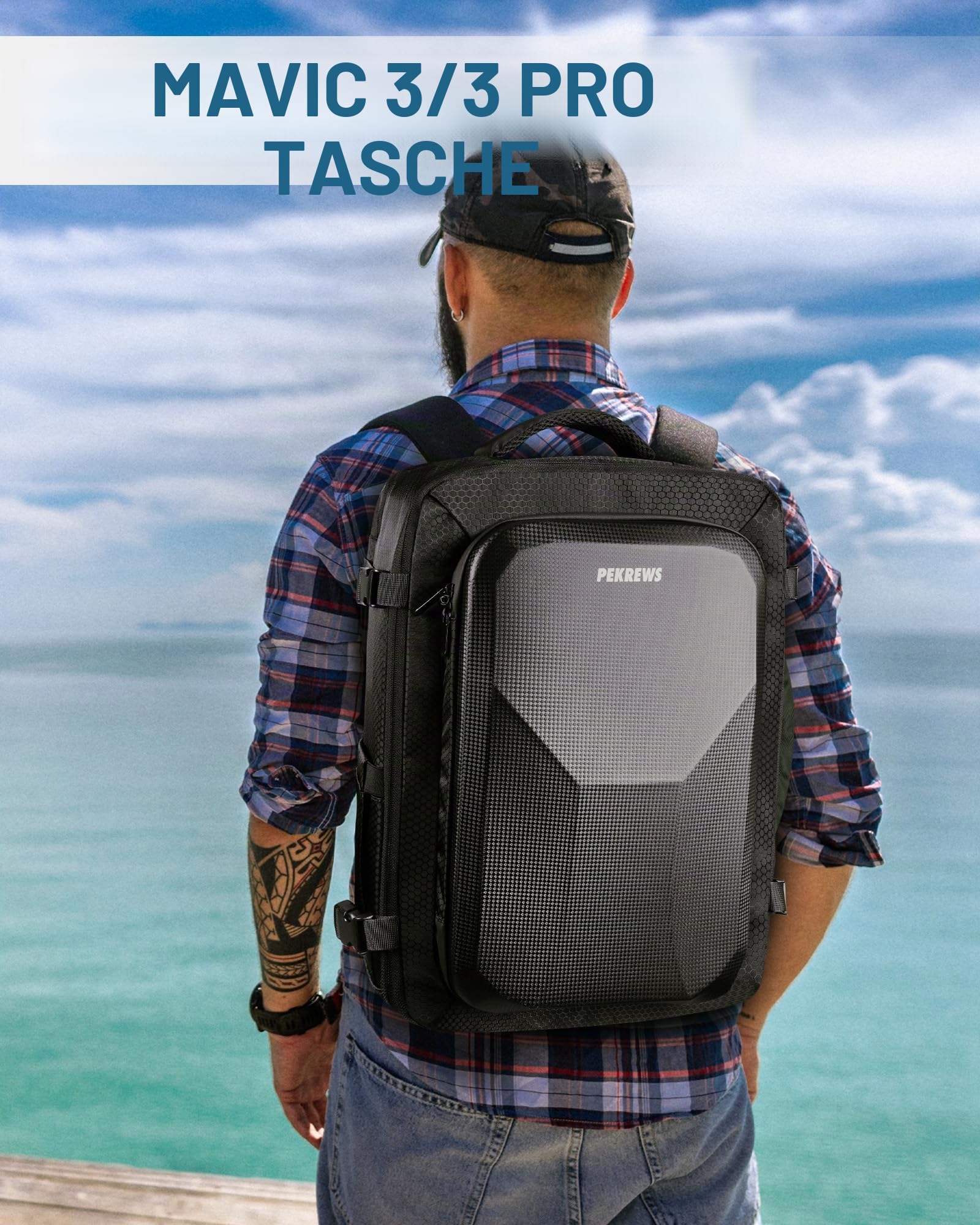PEKREWS Mavic 3 Pro Tasche, Erweiterbar Handgepäck Rucksack für DJI RC/Pro/N1 Controller, Hartschale Tragetasche Wasserabweisende Reisetasche für 17,3 Zoll Laptop, Fly More Combo und Drohne Zubehör