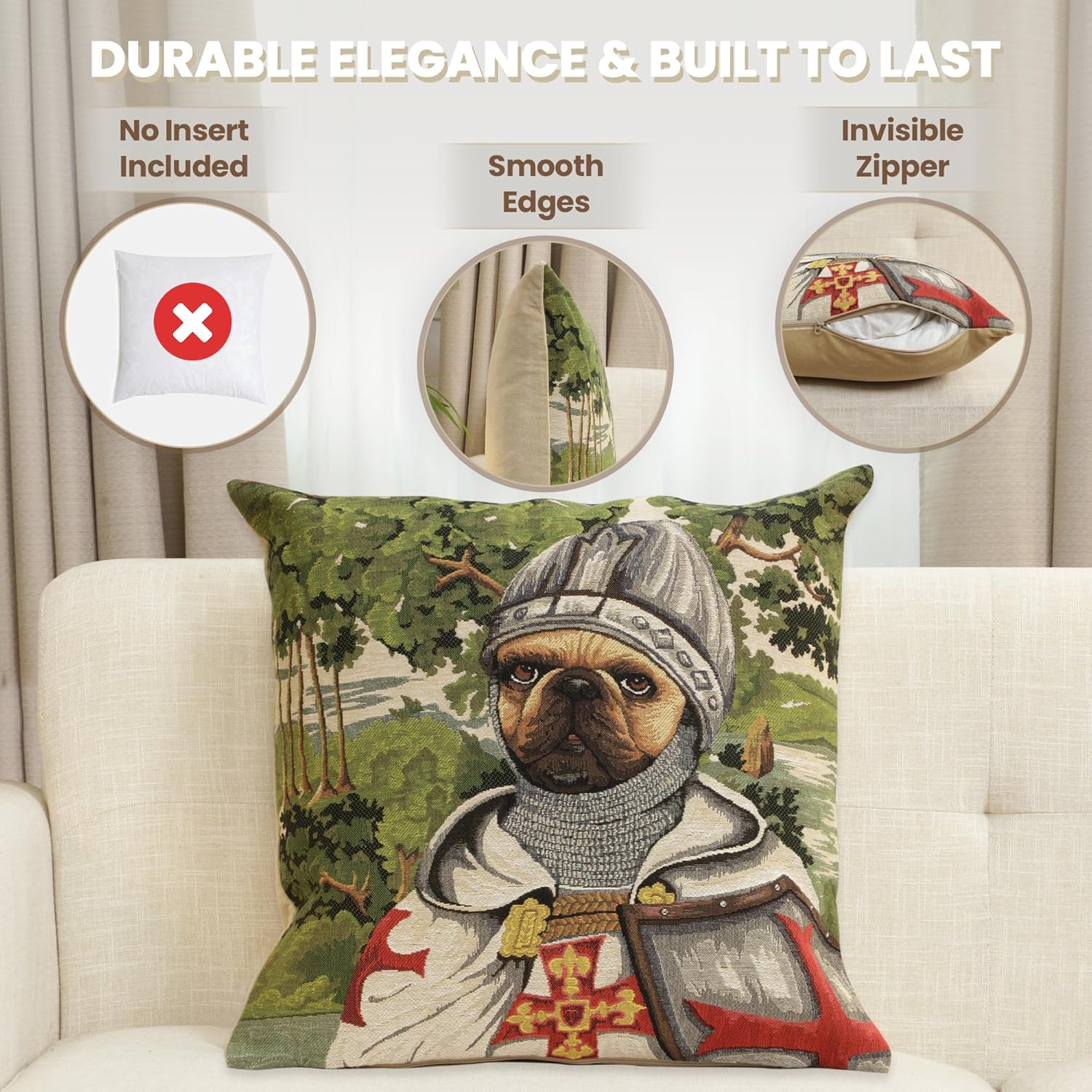 Charlotte Home Furnishings Decorative Dog Throw Pillow Cover 18” x 18” – Chien Lancelot France Tapestry Cushion Case for Couch, Sofa, or Bed | Jacquard Cotton Woven in Belgium | Insert Not Included