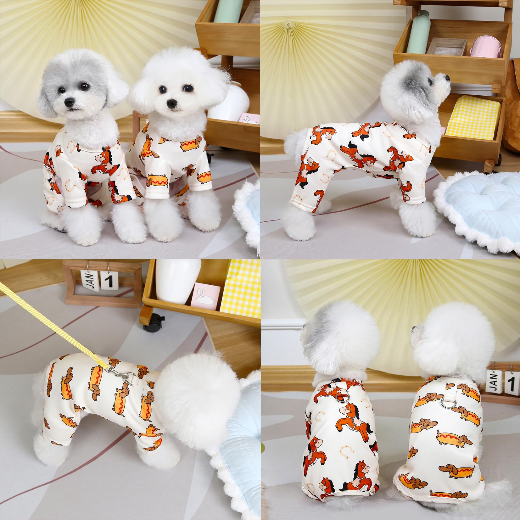 SMALLLEE_LUCKY_STORE Small Dog Dinosaur Pajamas - Stretchy Jumpsuit Sleepwear For Yorkie, Chihuahua, Cats, White, XS - View #9