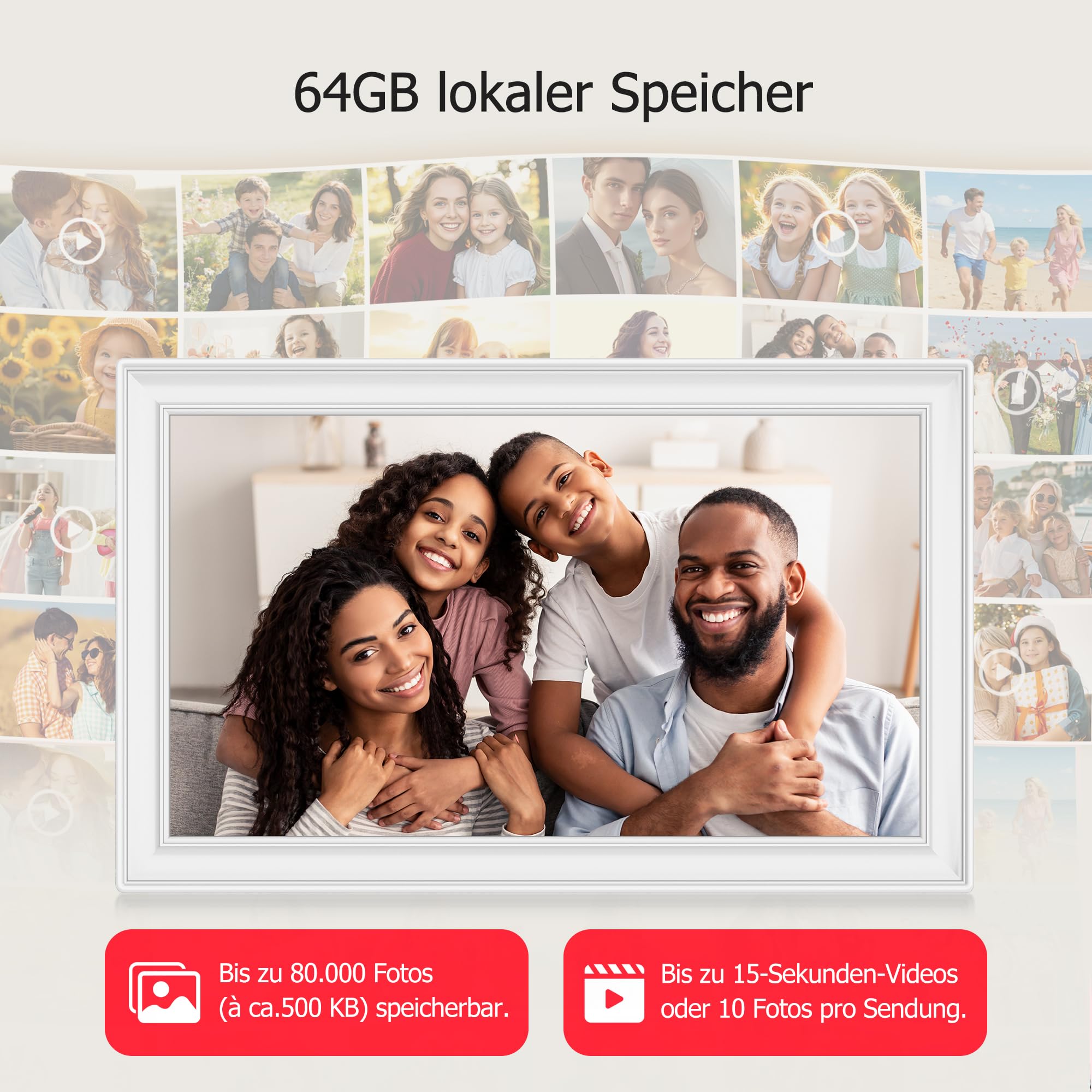 FRAMEO Marco de fotos digital de 64 GB de 15,6 pulgadas, color blanco - FHD 1920 x 1080P IPS pantalla táctil marco digital de rotación automática Marco de fotos electrónico, compartir fotos/vídeos al