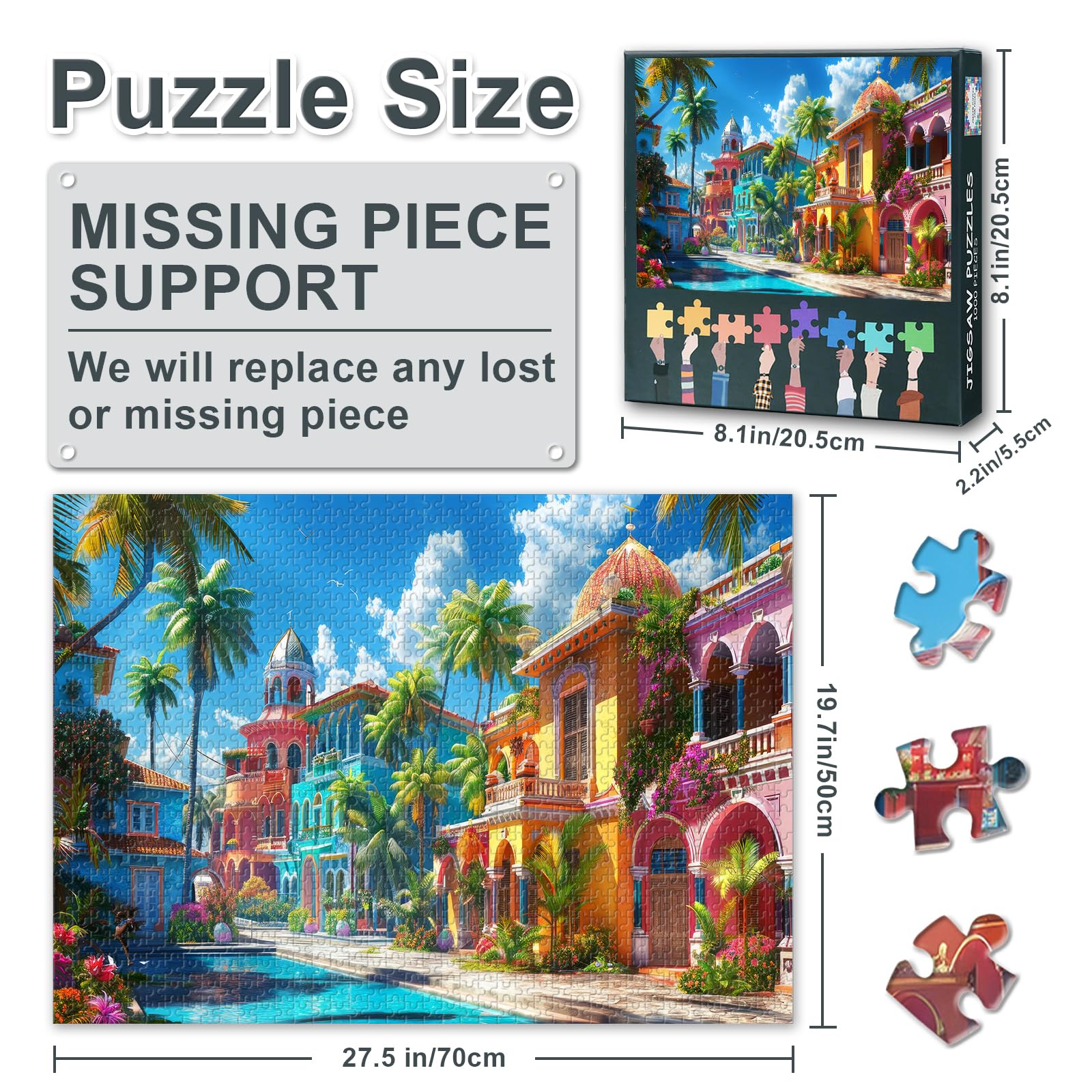1000-Piece Jigsaw Puzzle Set: Vibrant Tropical Paradise with Colorful Buildings, Palm Trees, and Scenic Landscapes - Image 4