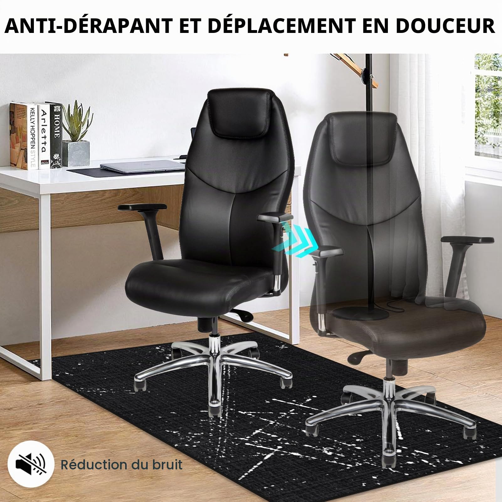 Tapis de chaise de bureau pour plancher en bois dur : 91,4 x 122,9 cm, noir, tapis de chaise de bureau pour fauteuil roulant, antidérapant, résistant à la saleté et lavable en machine, tapis de