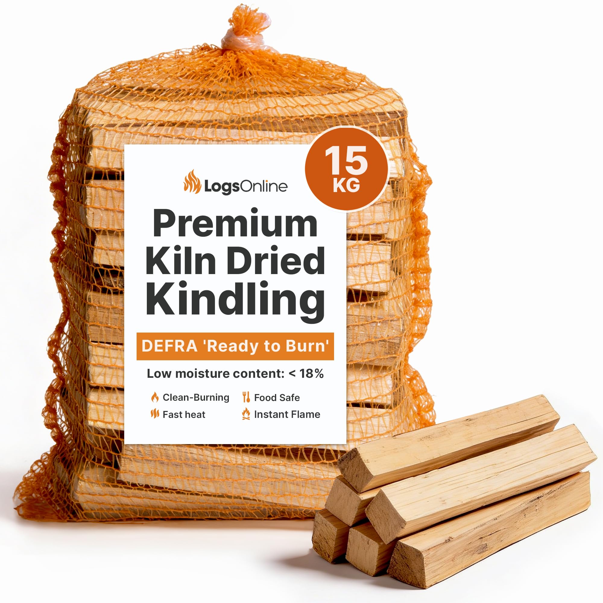 Logs Online Kiln Dried Kindling Wood - 6 Nets (15Kg) - Natural Firewood For Log Burner, Pizza Oven, Fireplace, Fire Pit, Chiminea & Wood Burning Stove