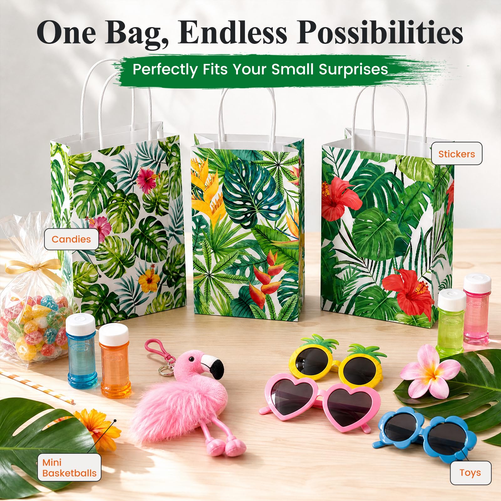 VGOODALL 24 Pack Party Favor Bags with Handles, 5.5" x 2.8" x 8" Hawaii Luau Goodie Treat Bags for Aloha Festival Beach Theme Birthdays Pool Parties Bulk Gift Packaging Supplies