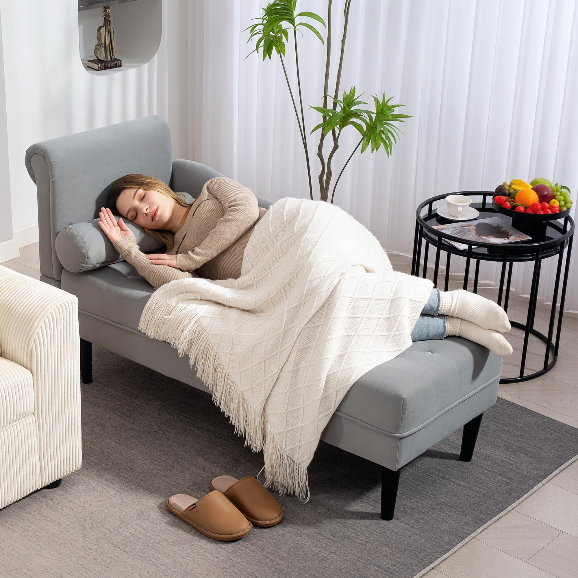 HOMCOM Chaise Longue Trapuntato con Cuscino e Bracciolo Sinistra in Velluto, Divano Imbottito, Poltrona Chaise Longue con Gambe in Legno Massello per Soggiorno, Ufficio e Salotto, Grigio