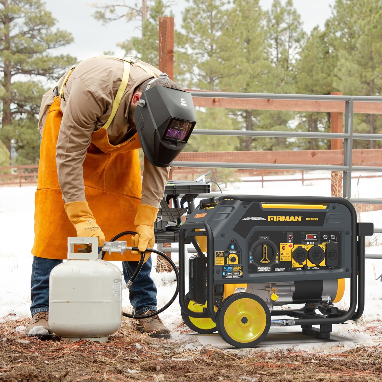 Man connecting propane to FIRMAN H03655 generator