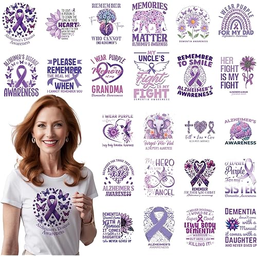 Alzheimer's Awareness Iron on Transfers - 24 Sheets Purple Ribbon DTF Ready to Press Heat Patches Bulk Dementia Vinyl Designs Stickers Decals for T Shirts Clothes Hoodie DIY Crafts Appliques