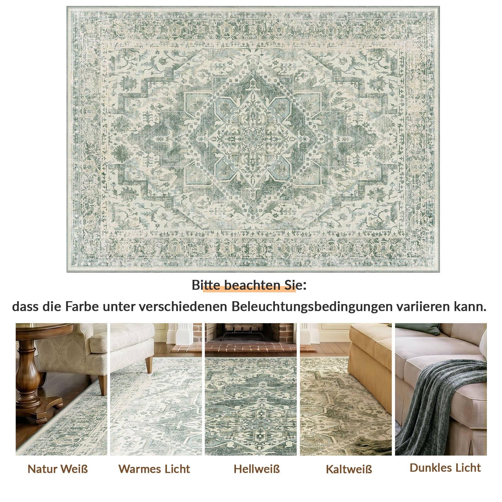 INOVADAY Waschbarer Teppich Wohnzimmer 120x170 cm Vintage Grün | Teppich Schlafzimmer, Teppich Waschbar, Esszimmer, Küche, Boho, Kurzflor, Rutschfest, Weiche, OEKO, Staubsauger, Gefaltet